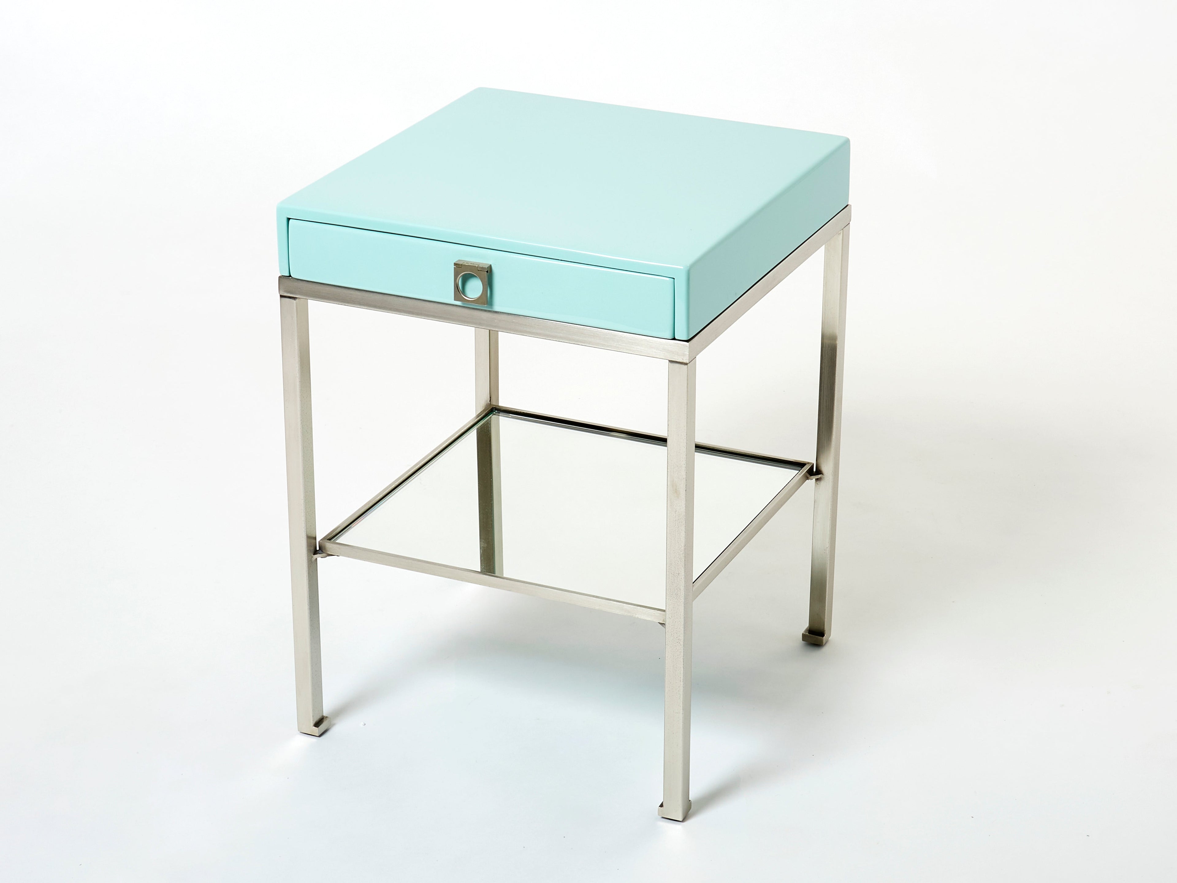 Blue lacquer steel end tables nighstands Guy Lefevre Maison Jansen 1970s