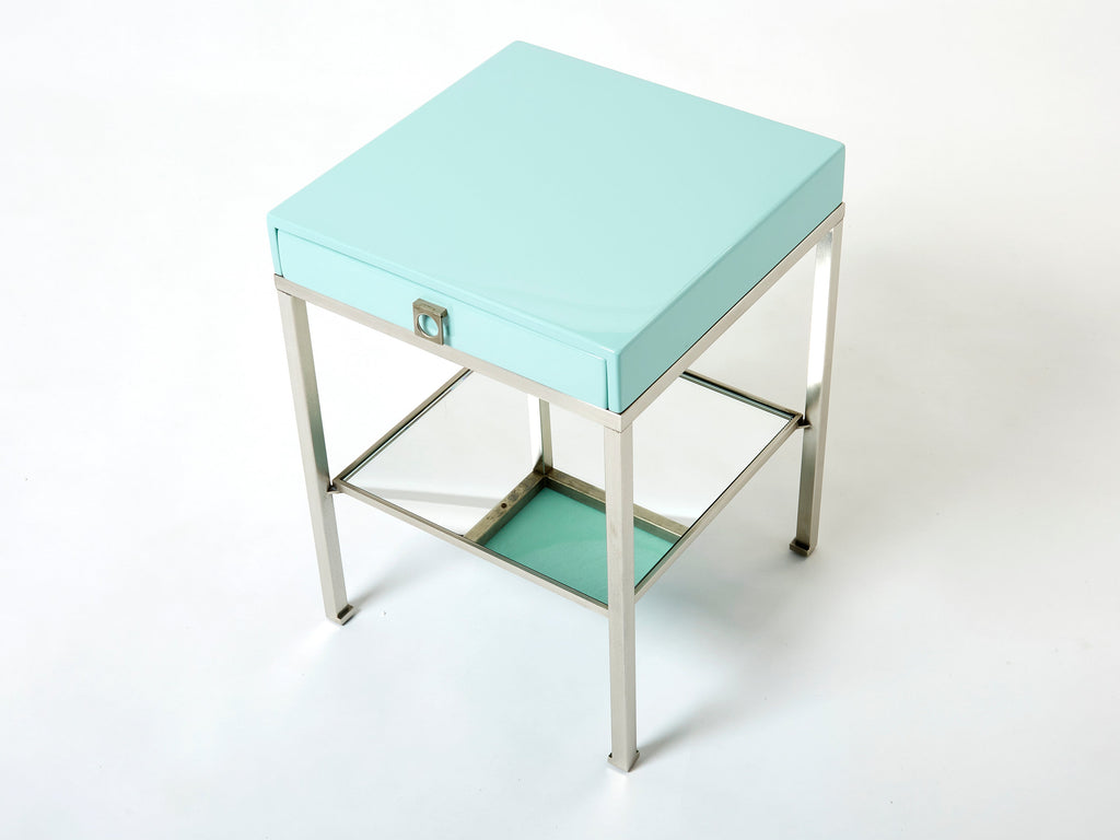 Blue lacquer steel end tables nighstands Guy Lefevre Maison Jansen 1970s
