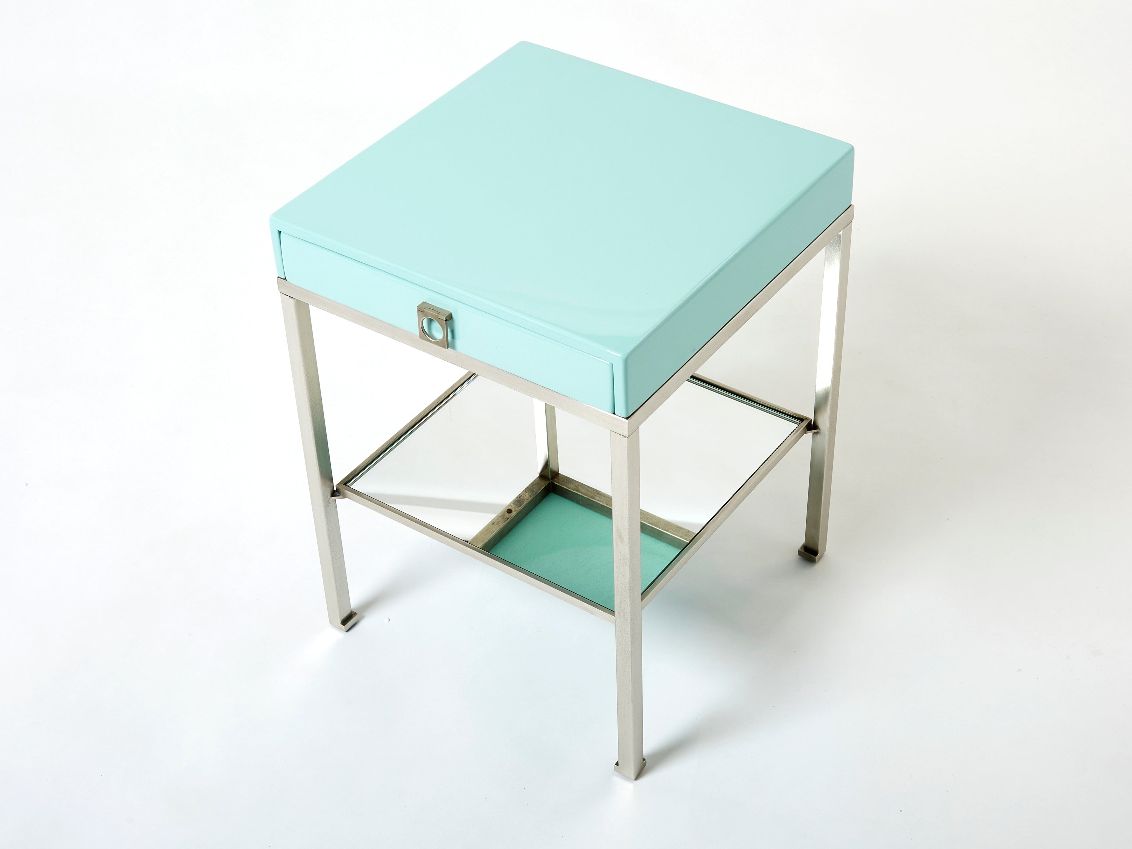 Blue lacquer steel end tables nighstands Guy Lefevre Maison Jansen 1970s