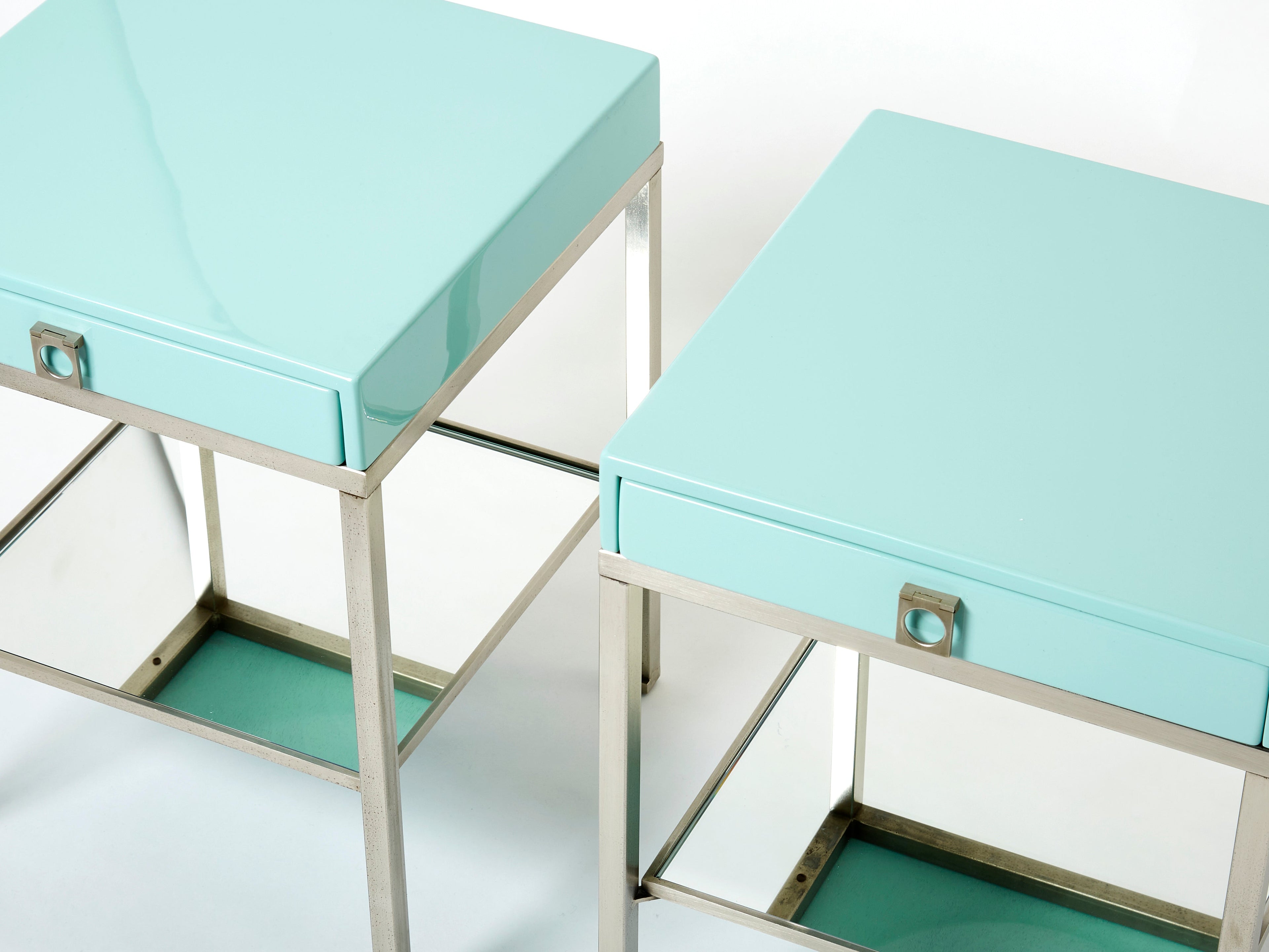 Blue lacquer steel end tables nighstands Guy Lefevre Maison Jansen 1970s