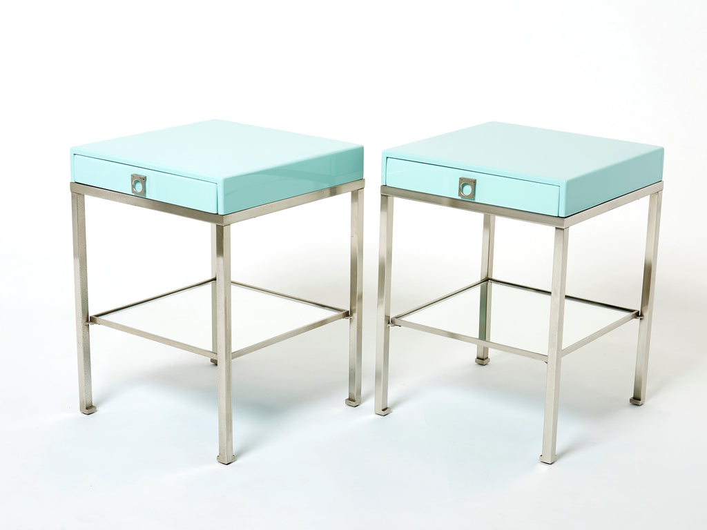Blue lacquer steel end tables nighstands Guy Lefevre Maison Jansen 1970s