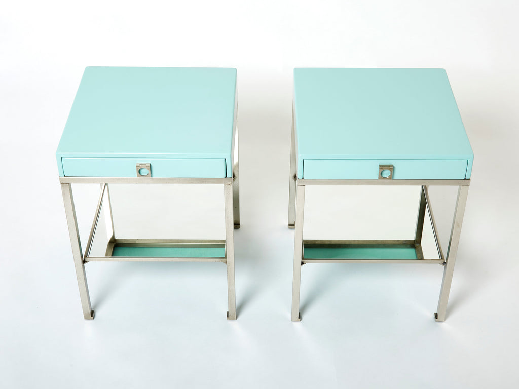 Blue lacquer steel end tables nighstands Guy Lefevre Maison Jansen 1970s