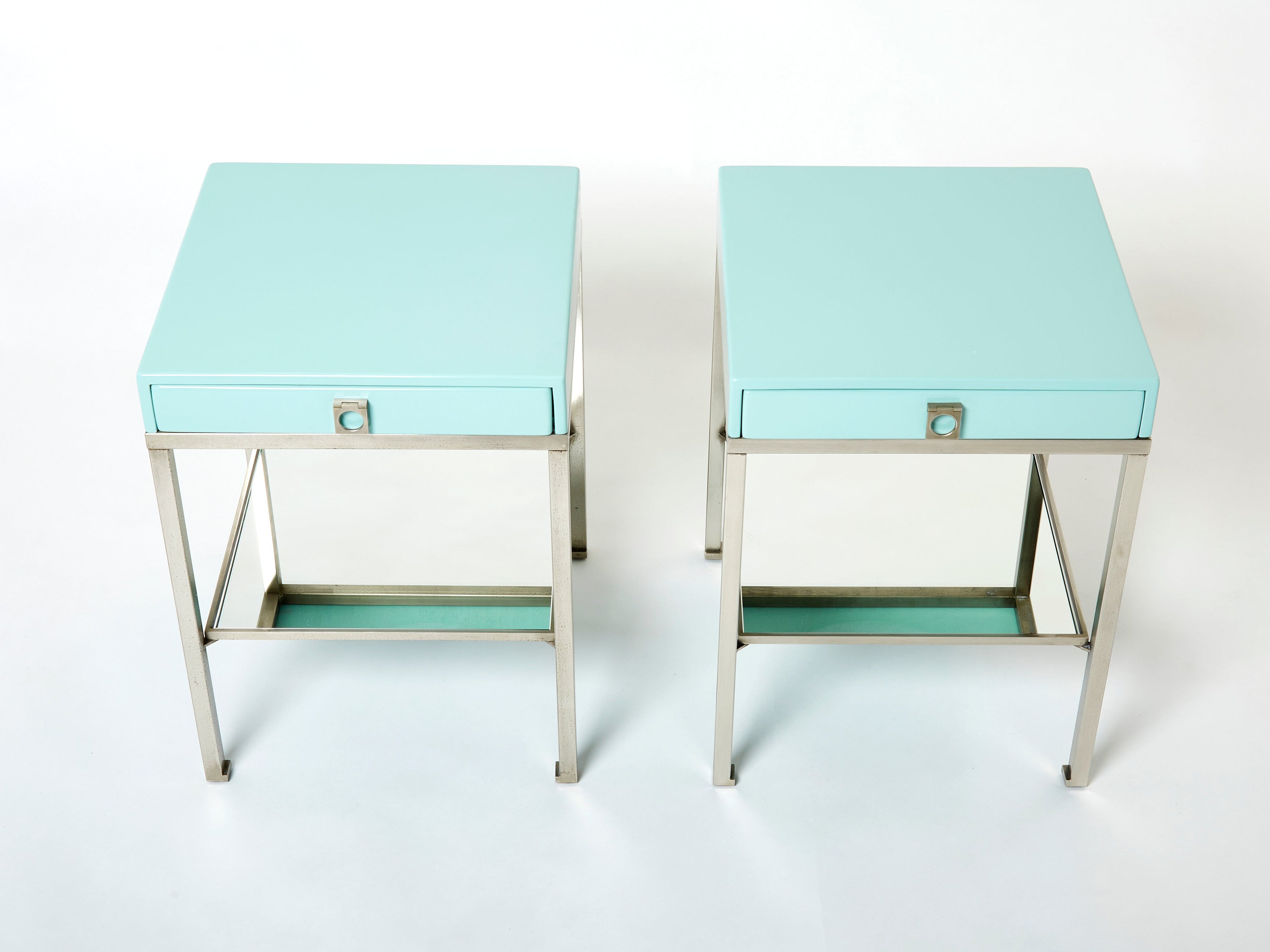 Blue lacquer steel end tables nighstands Guy Lefevre Maison Jansen 1970s