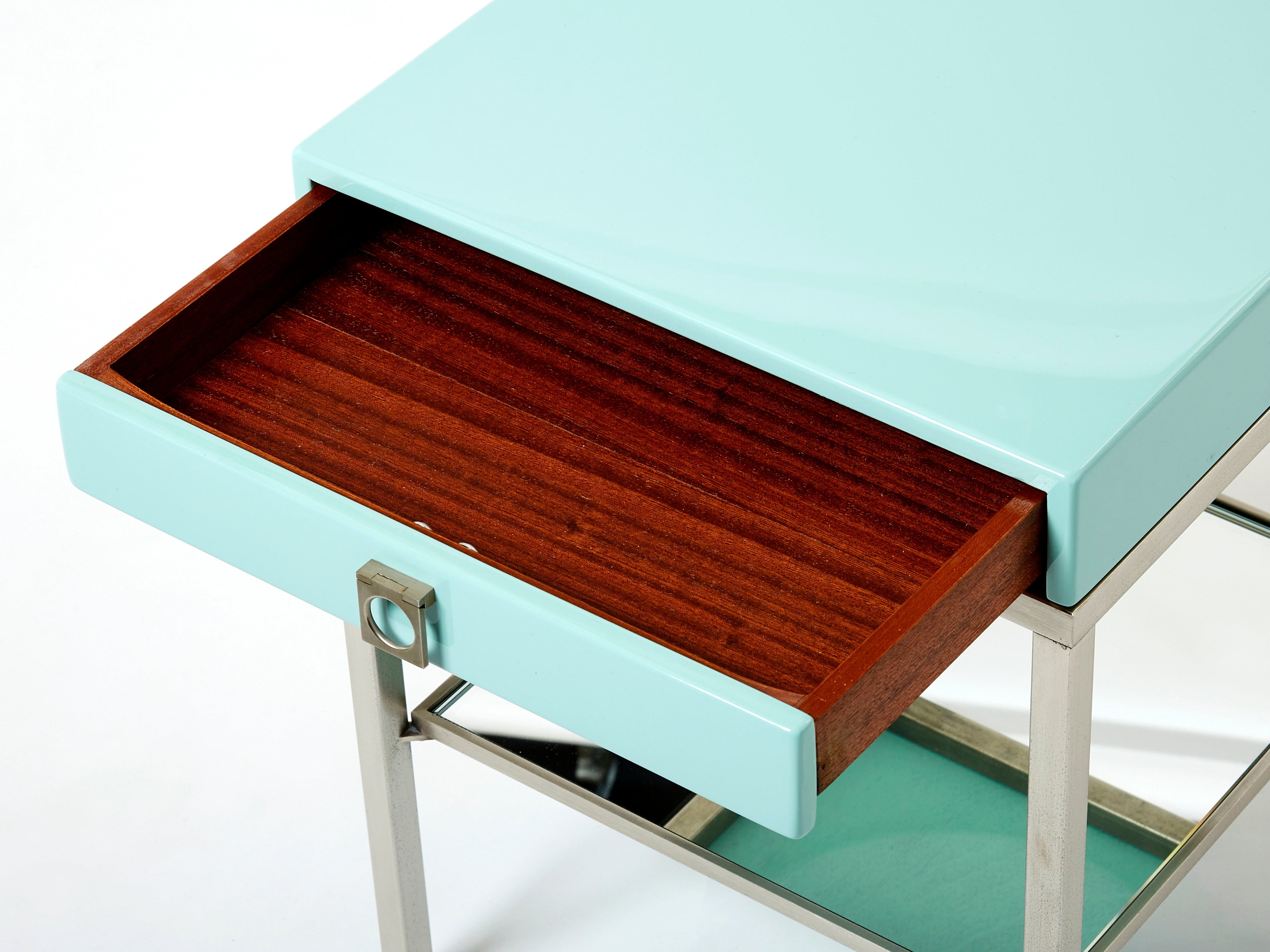 Blue lacquer steel end tables nighstands Guy Lefevre Maison Jansen 1970s