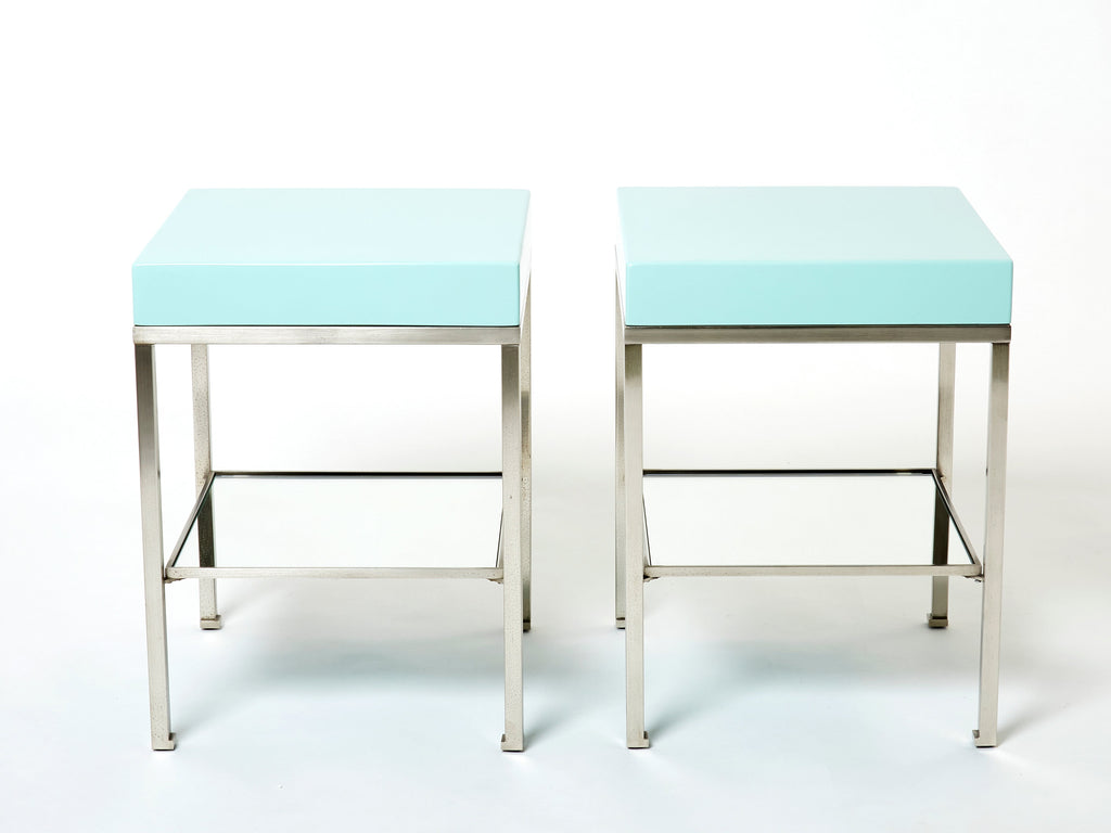 Blue lacquer steel end tables nighstands Guy Lefevre Maison Jansen 1970s