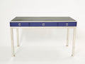 Desk table Guy Lefevre Maison Jansen blue lacquer steel leather top 1970s