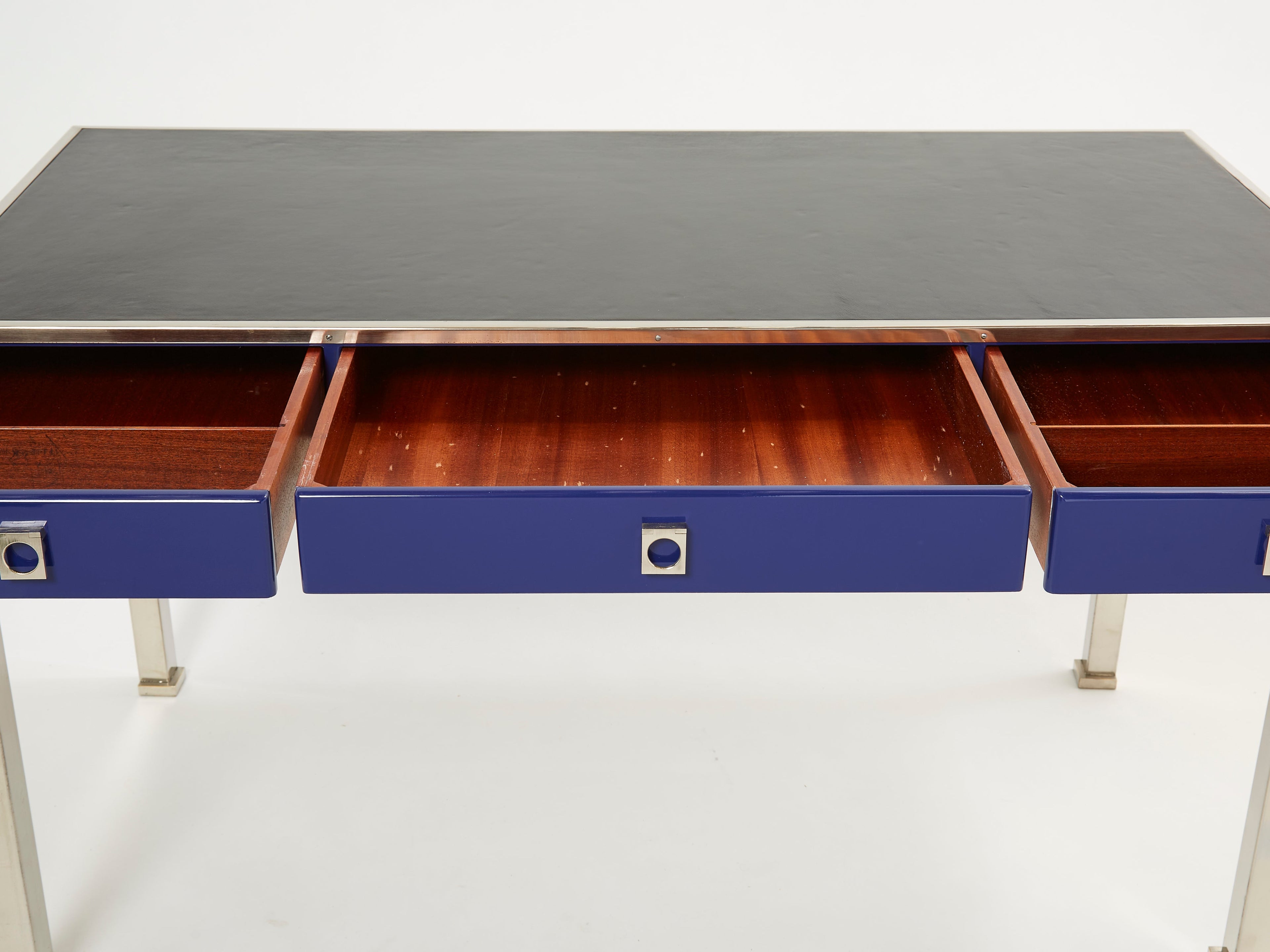 Desk table Guy Lefevre Maison Jansen blue lacquer steel leather top 1970s