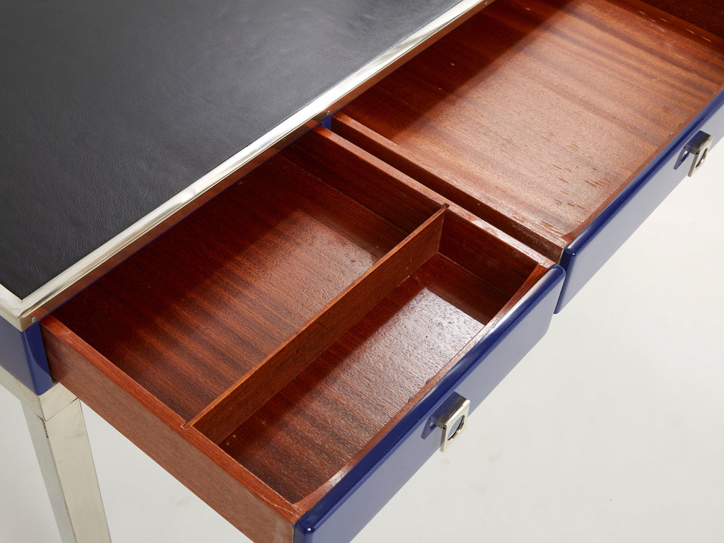 Desk table Guy Lefevre Maison Jansen blue lacquer steel leather top 1970s