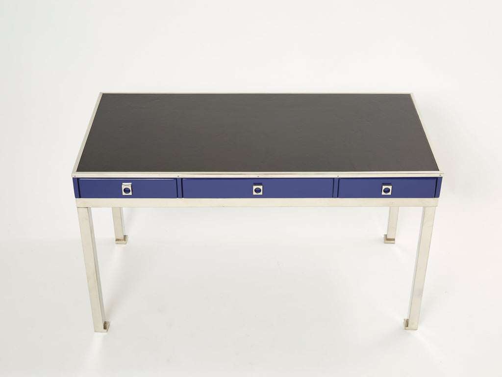 Desk table Guy Lefevre Maison Jansen blue lacquer steel leather top 1970s