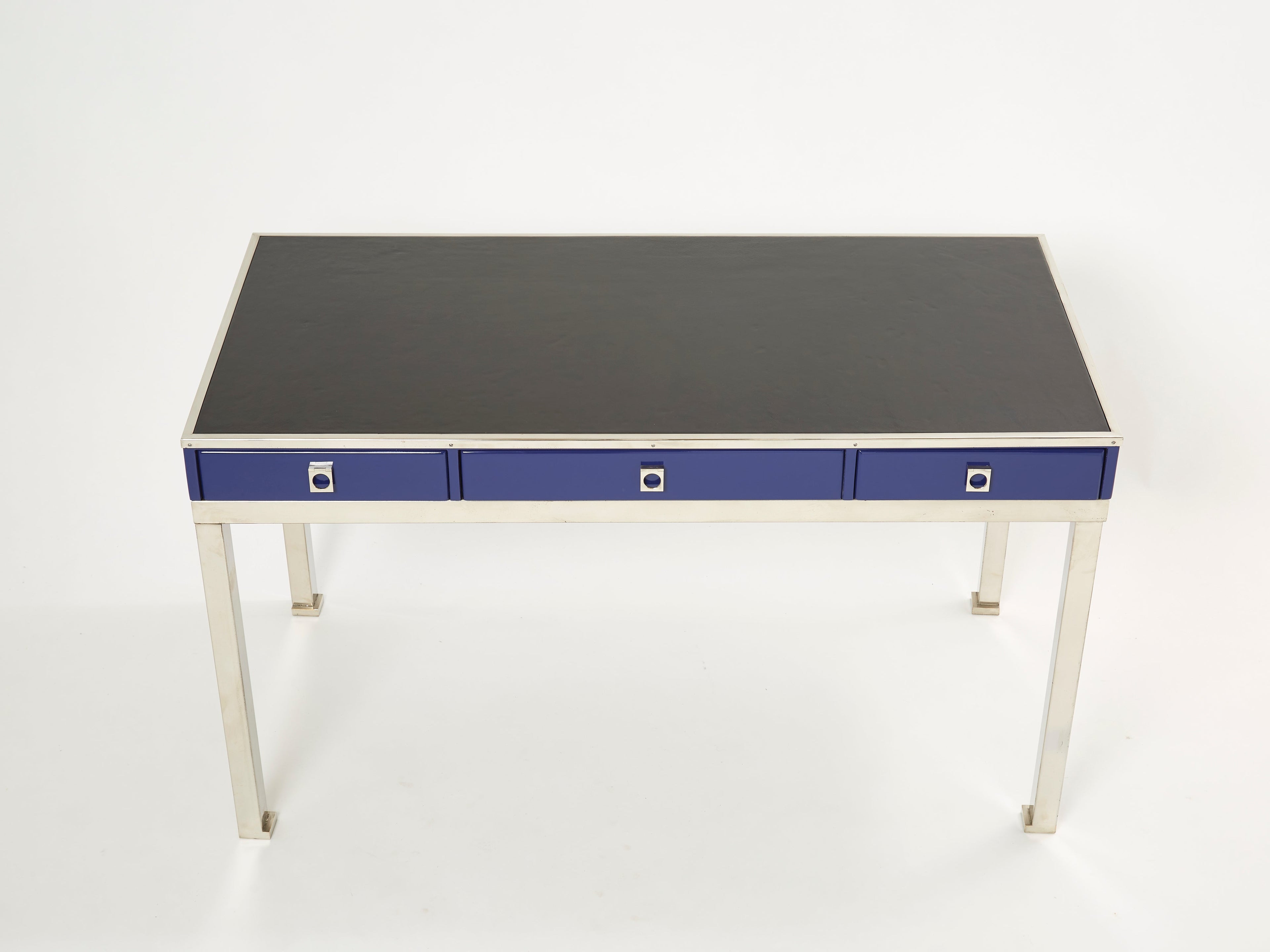 Desk table Guy Lefevre Maison Jansen blue lacquer steel leather top 1970s