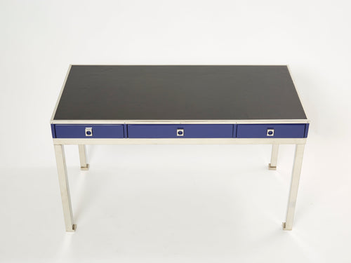 Desk table Guy Lefevre Maison Jansen blue lacquer steel leather top 1970s
