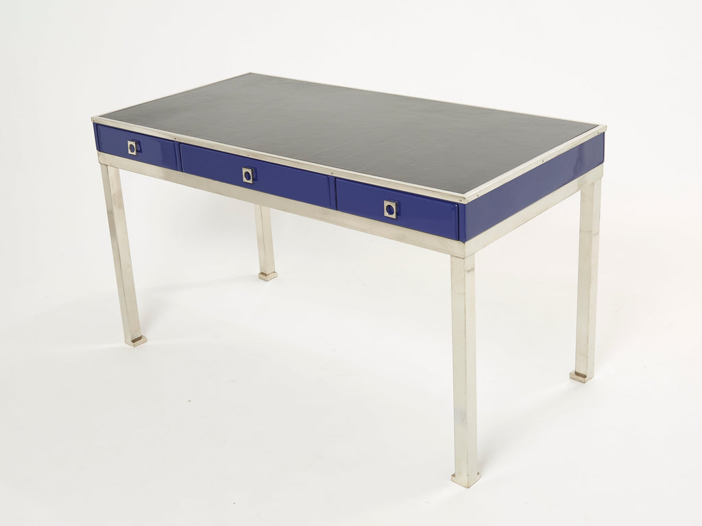 Desk table Guy Lefevre Maison Jansen blue lacquer steel leather top 1970s