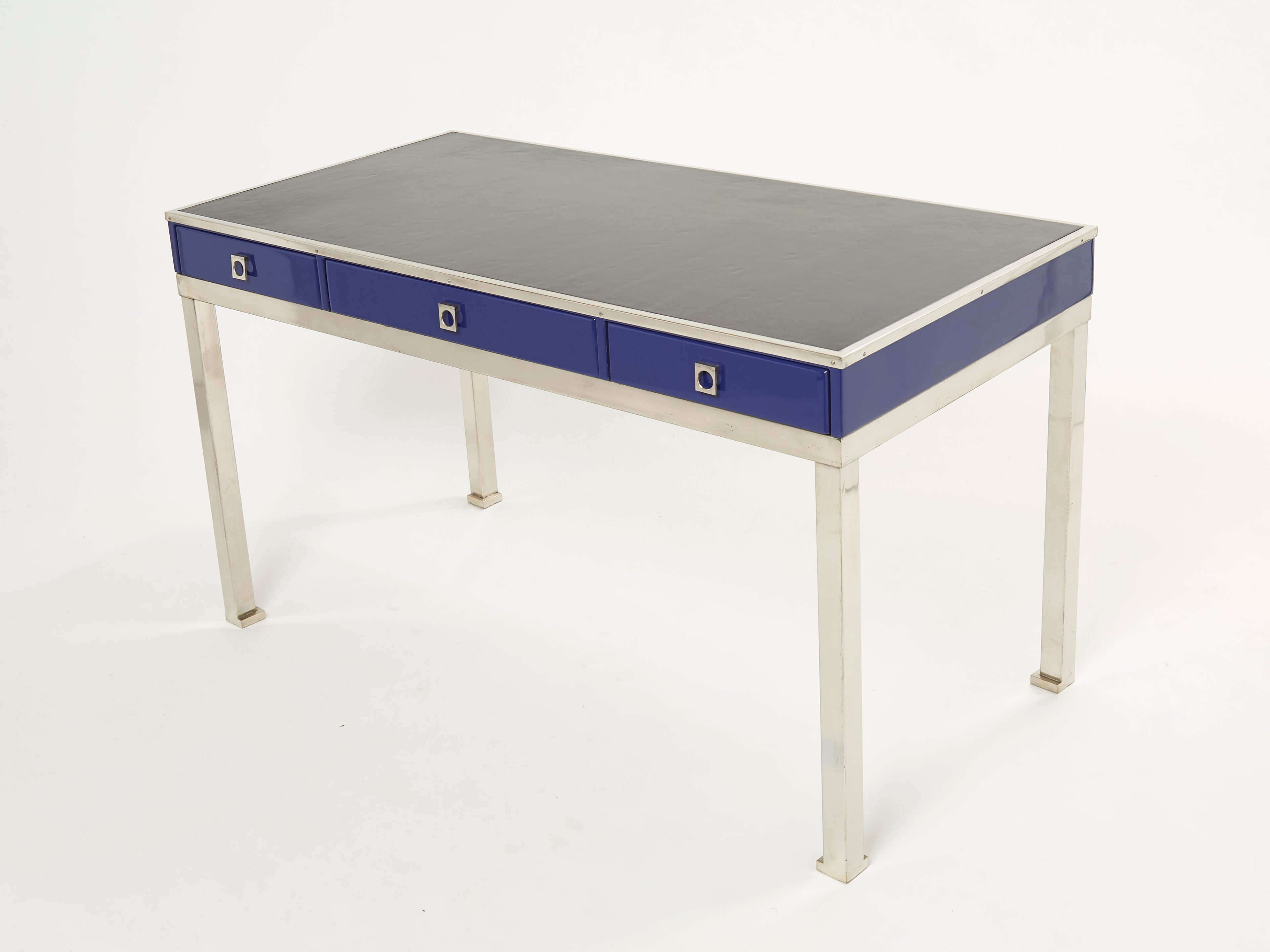 Desk table Guy Lefevre Maison Jansen blue lacquer steel leather top 1970s