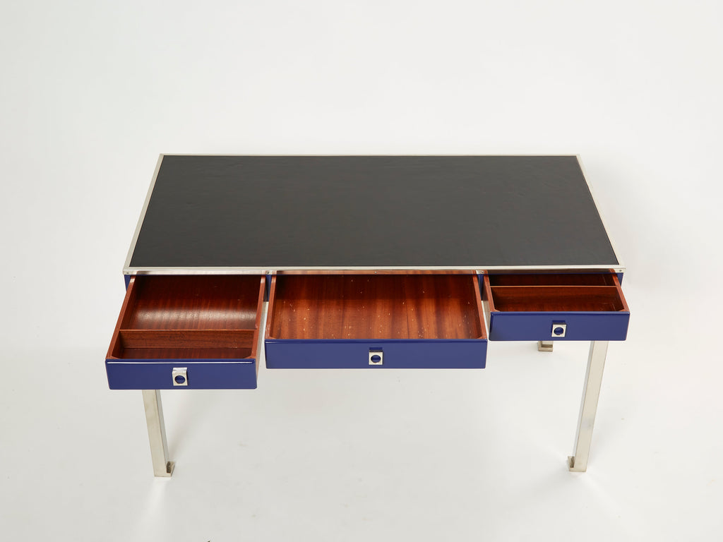 Desk table Guy Lefevre Maison Jansen blue lacquer steel leather top 1970s