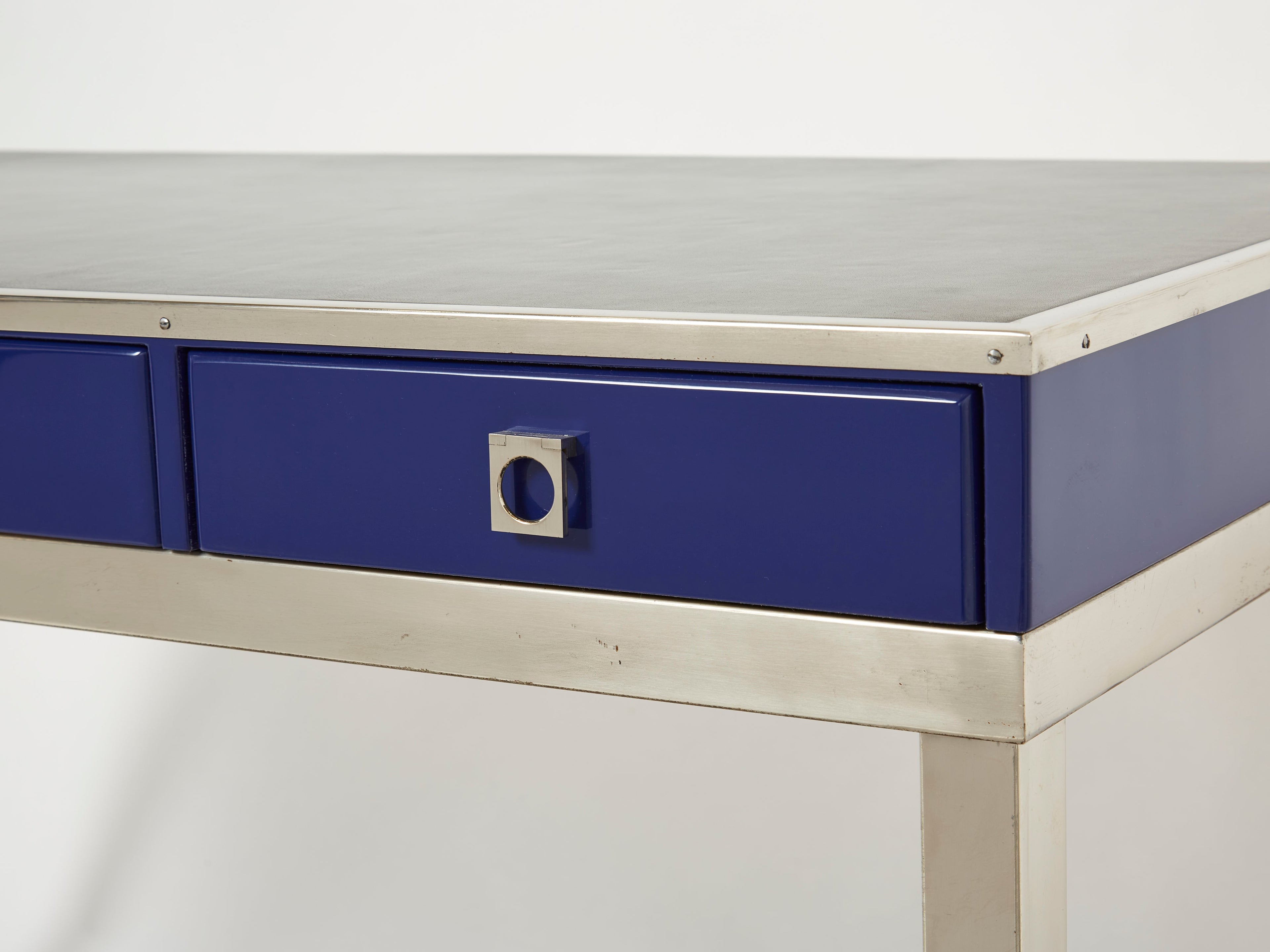 Desk table Guy Lefevre Maison Jansen blue lacquer steel leather top 1970s