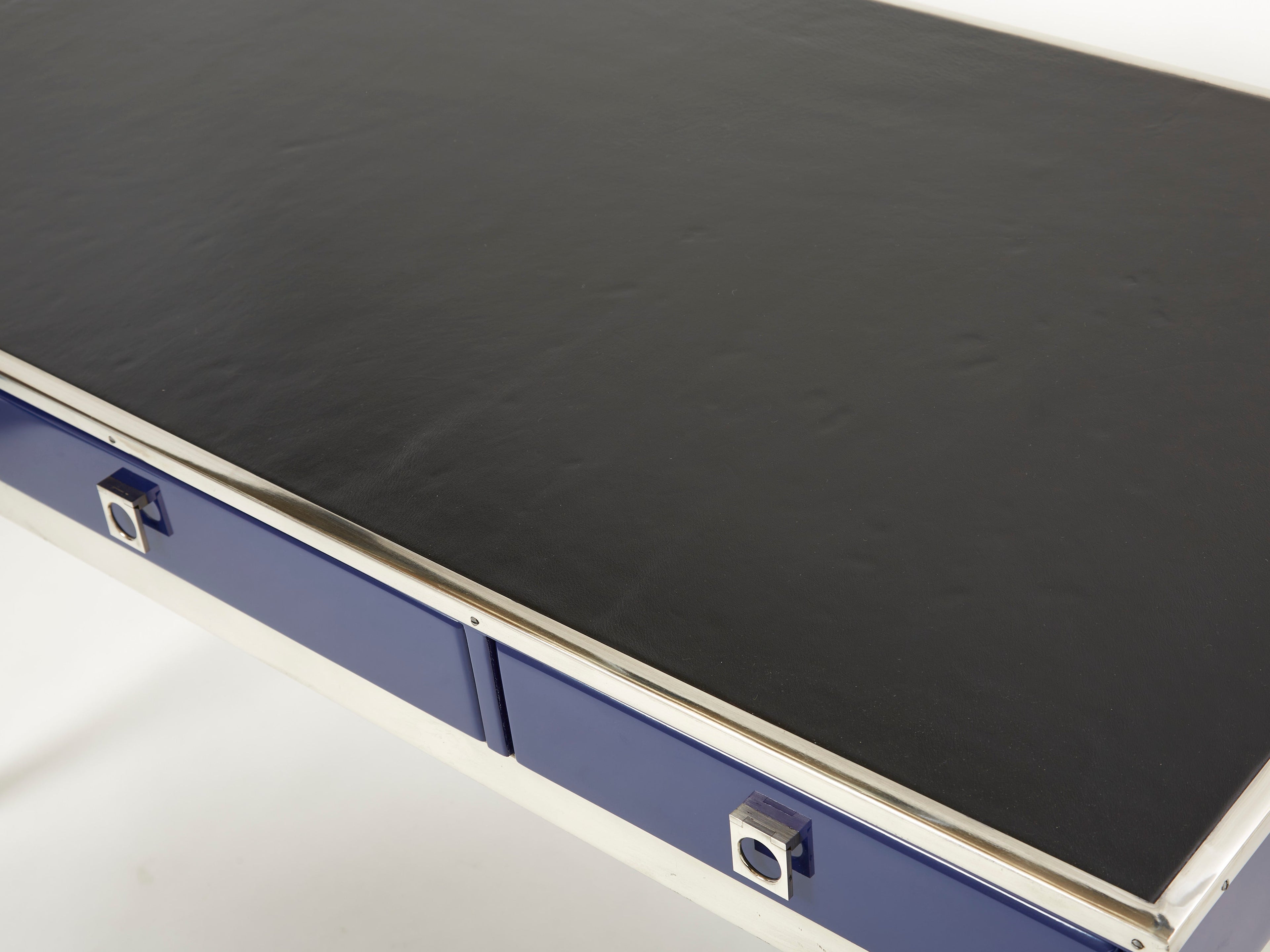Desk table Guy Lefevre Maison Jansen blue lacquer steel leather top 1970s
