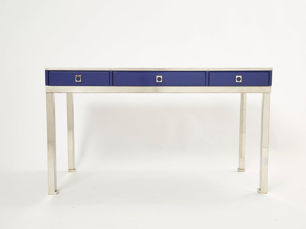 Desk table Guy Lefevre Maison Jansen blue lacquer steel leather top 1970s