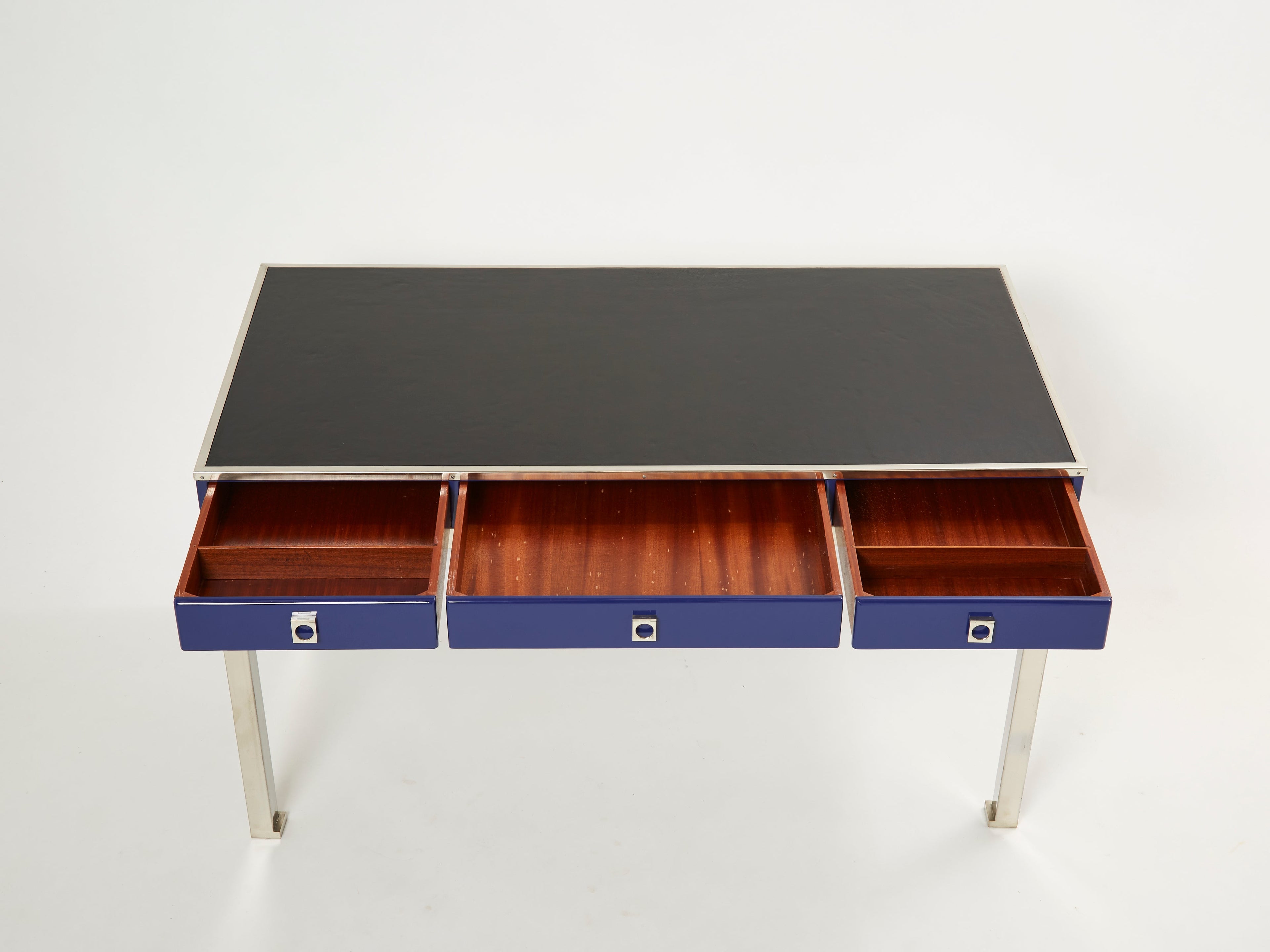 Desk table Guy Lefevre Maison Jansen blue lacquer steel leather top 1970s