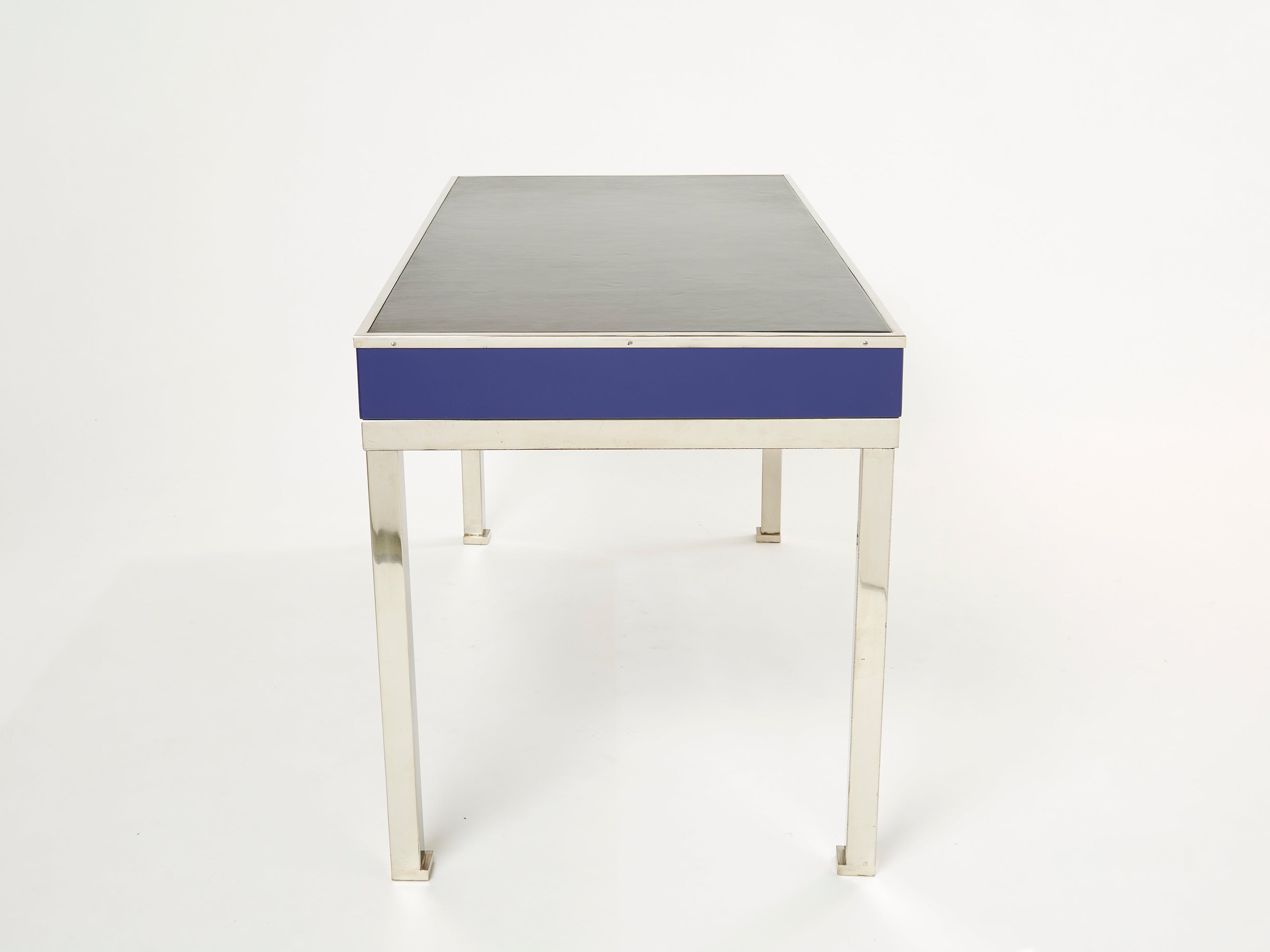 Desk table Guy Lefevre Maison Jansen blue lacquer steel leather top 1970s
