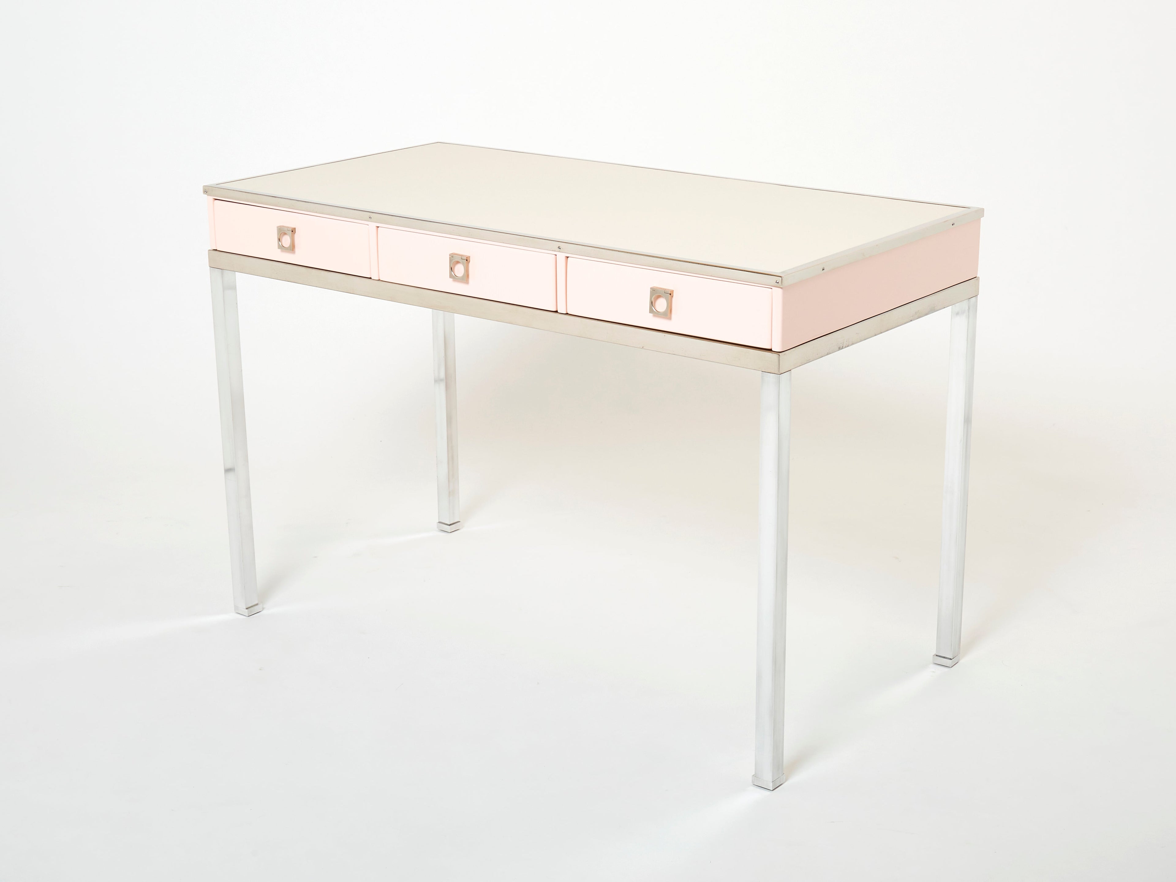Desk table Guy Lefevre Maison Jansen rose lacquer steel leather top 1970s