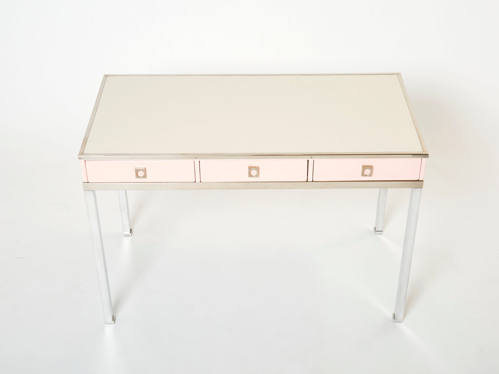 Desk table Guy Lefevre Maison Jansen rose lacquer steel leather top 1970s