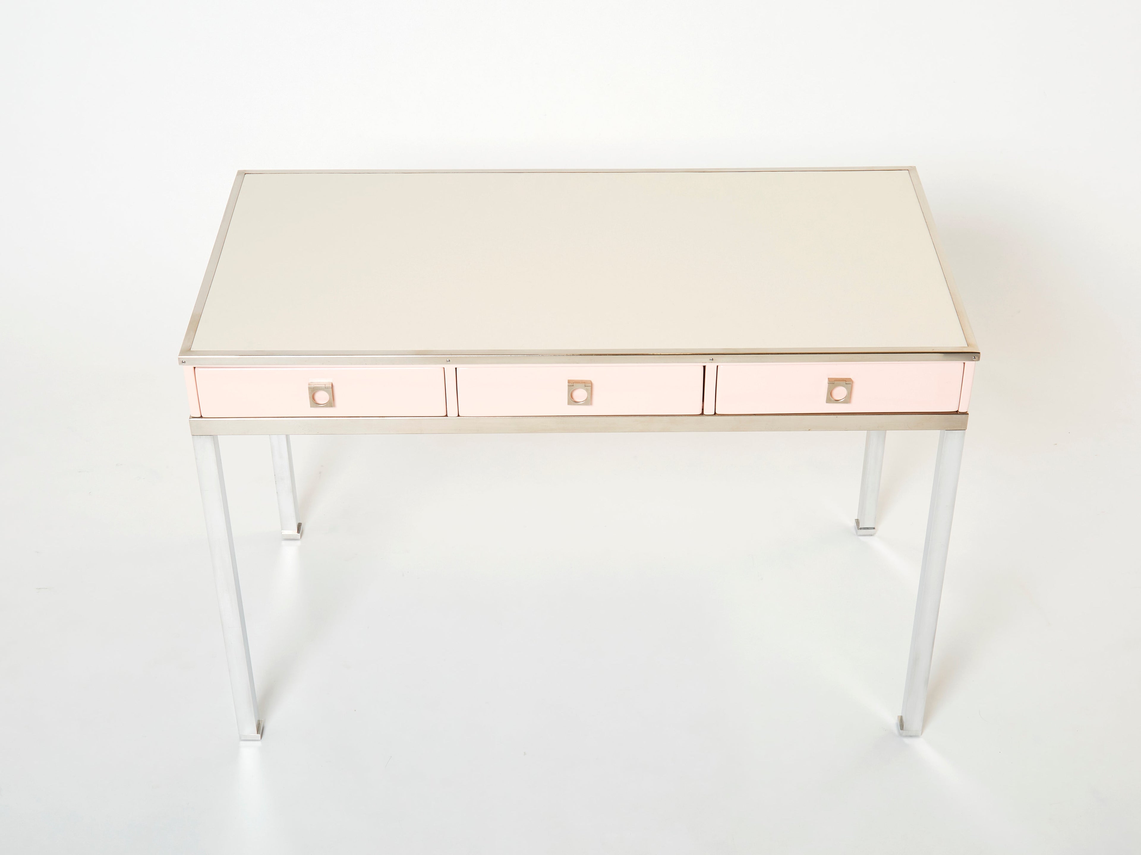 Desk table Guy Lefevre Maison Jansen rose lacquer steel leather top 1970s