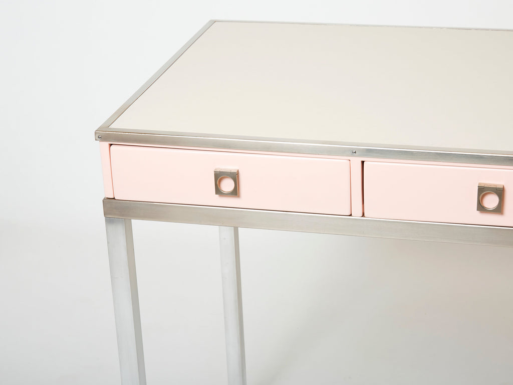 Desk table Guy Lefevre Maison Jansen rose lacquer steel leather top 1970s