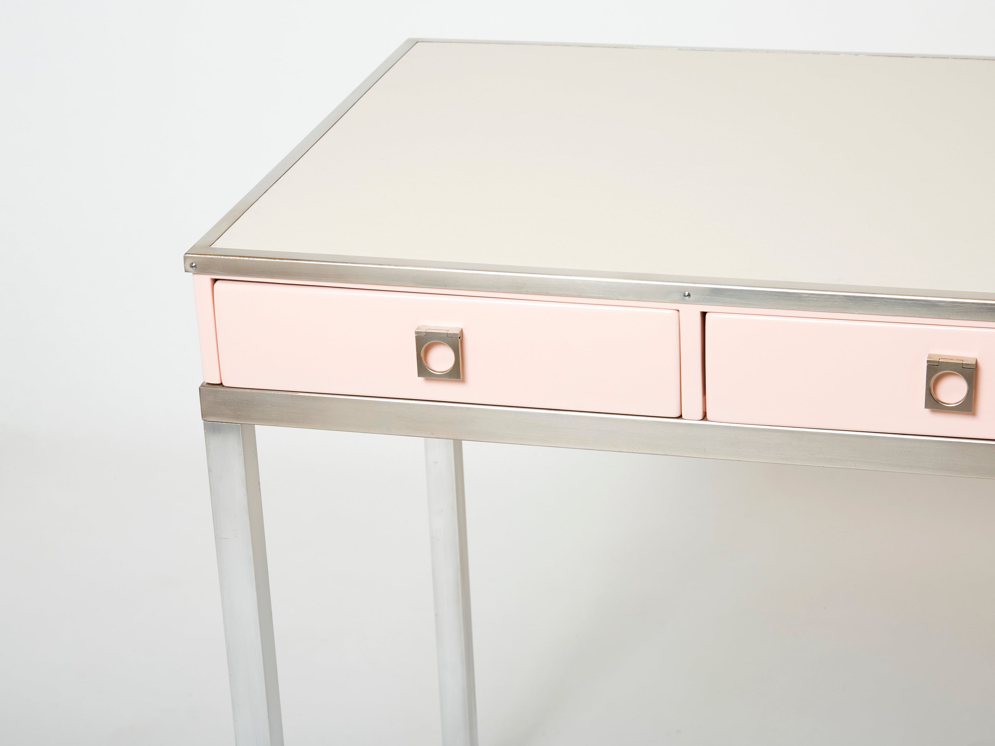 Desk table Guy Lefevre Maison Jansen rose lacquer steel leather top 1970s