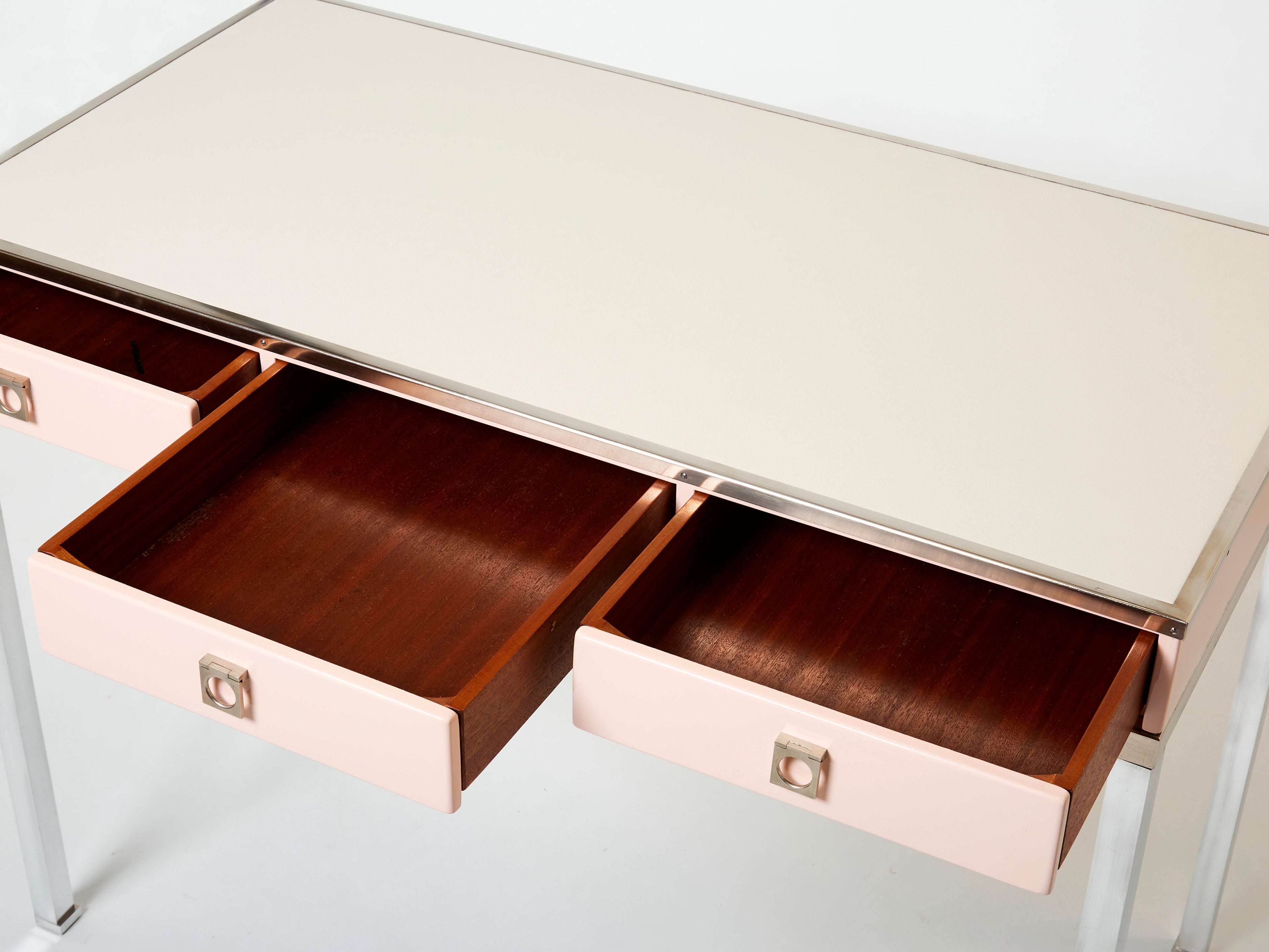 Desk table Guy Lefevre Maison Jansen rose lacquer steel leather top 1970s