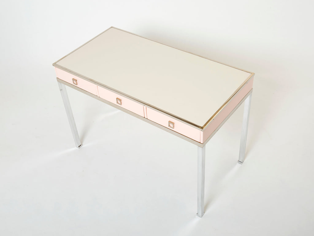 Desk table Guy Lefevre Maison Jansen rose lacquer steel leather top 1970s