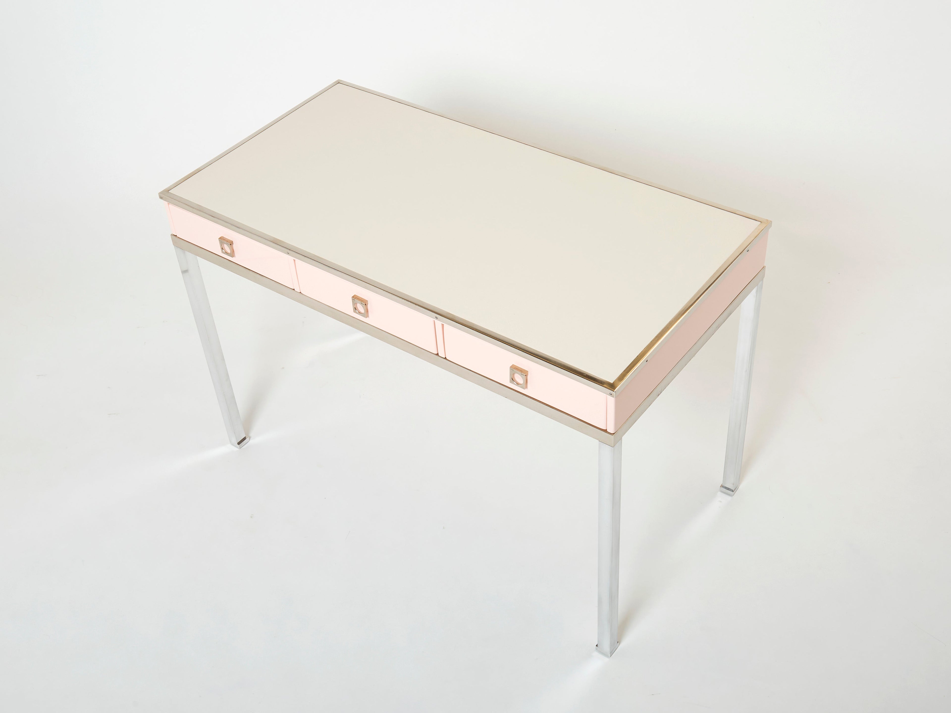 Desk table Guy Lefevre Maison Jansen rose lacquer steel leather top 1970s