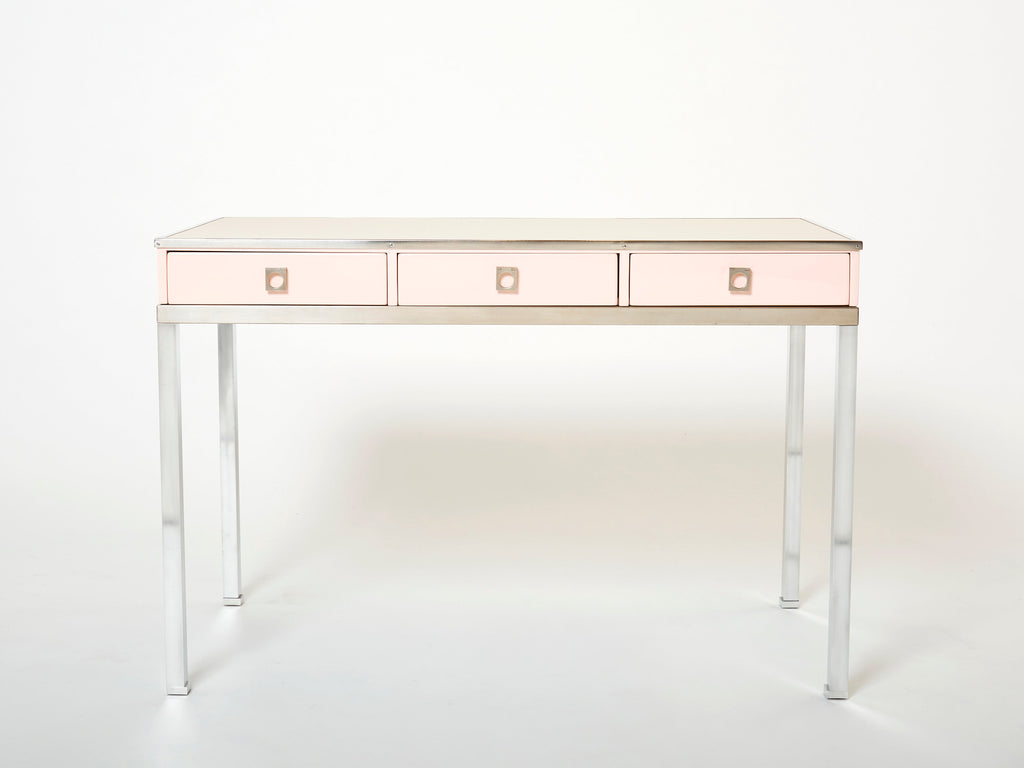 Desk table Guy Lefevre Maison Jansen rose lacquer steel leather top 1970s