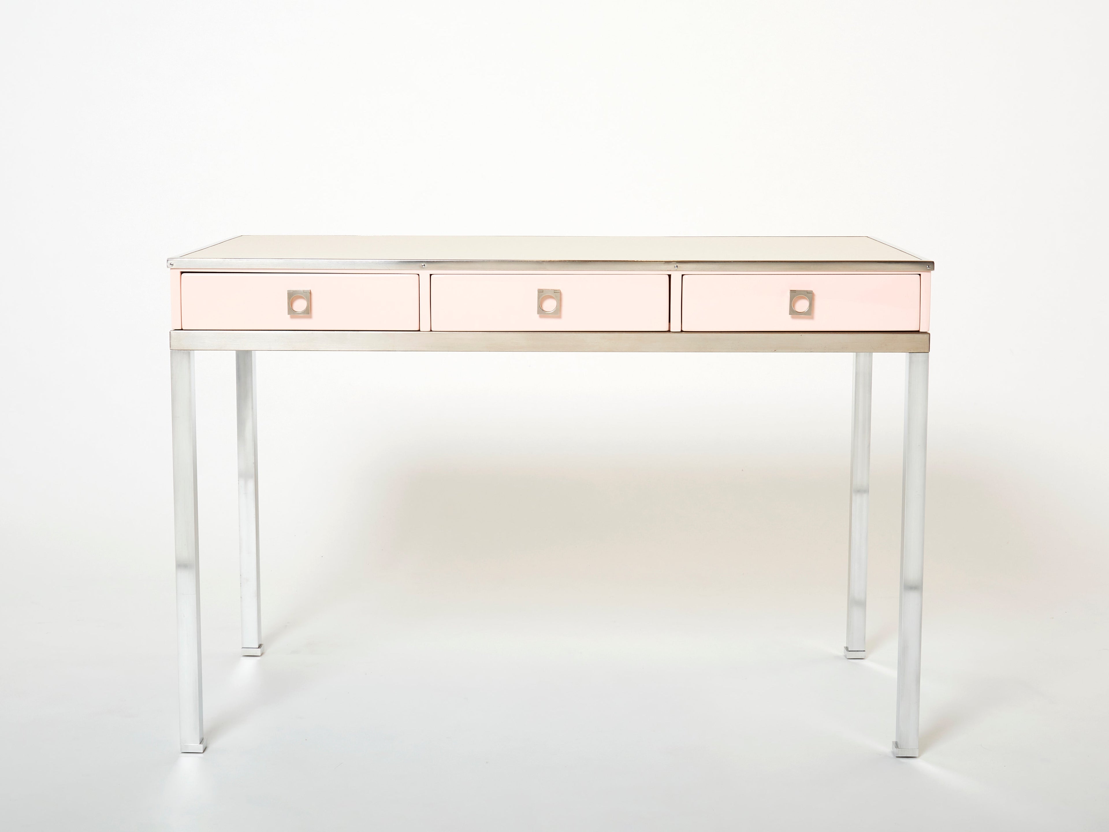 Desk table Guy Lefevre Maison Jansen rose lacquer steel leather top 1970s
