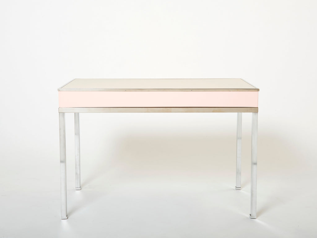 Desk table Guy Lefevre Maison Jansen rose lacquer steel leather top 1970s