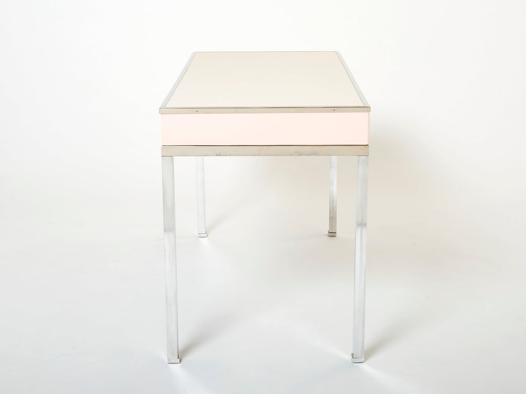 Desk table Guy Lefevre Maison Jansen rose lacquer steel leather top 1970s