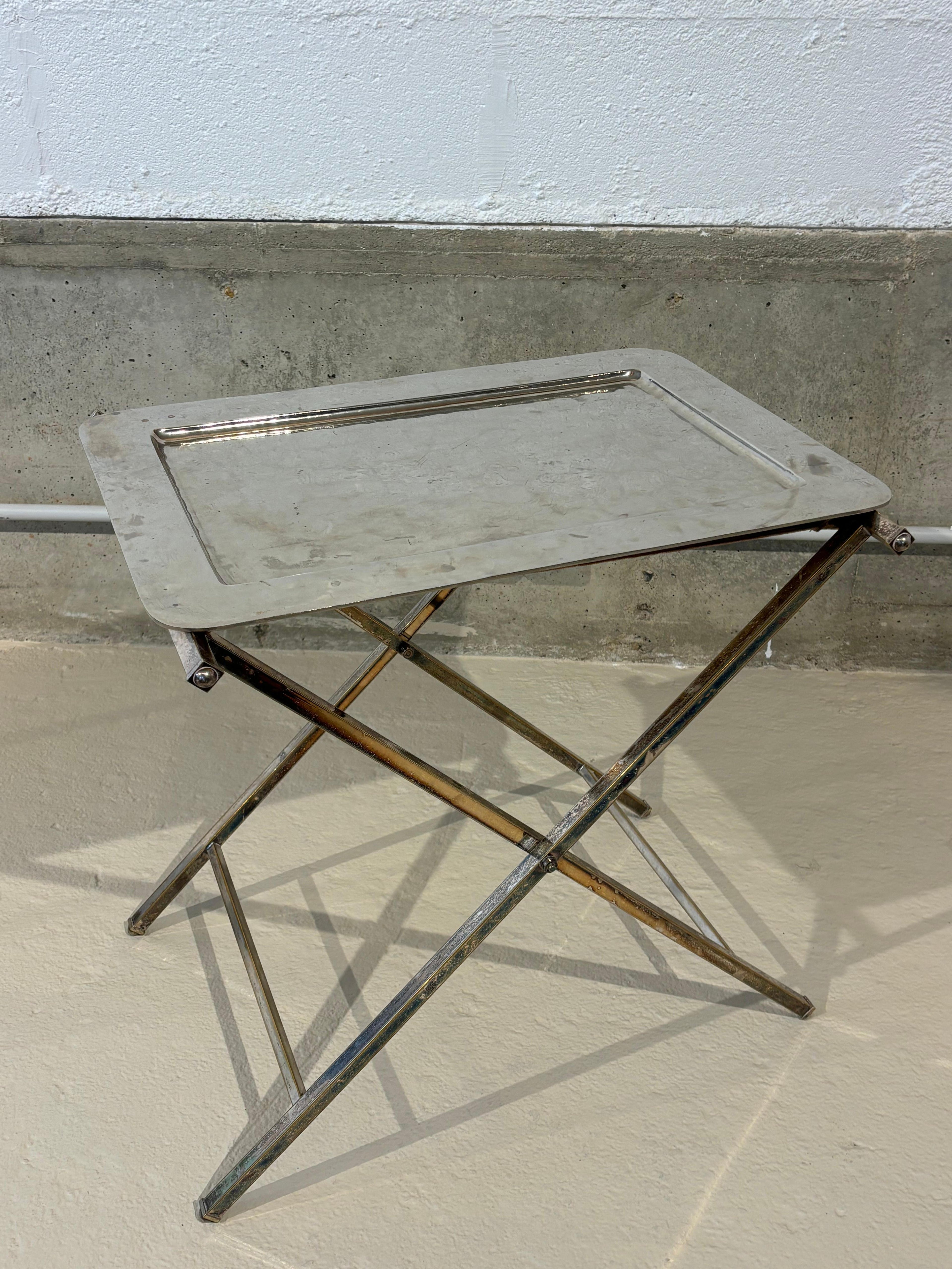 Christian Dior Folding Side Table, Hammered Steel, Silver Patina, 1970