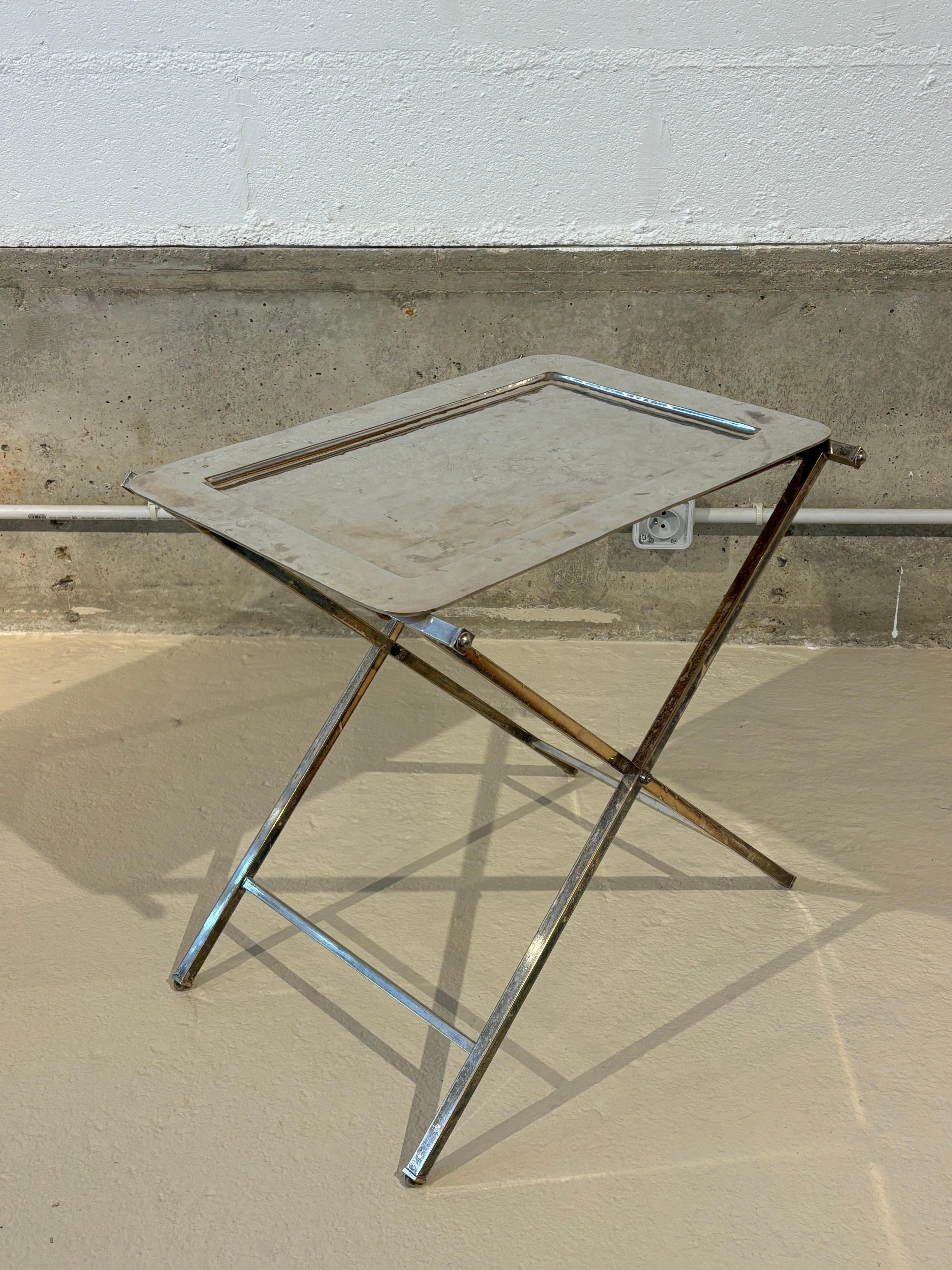 Christian Dior Folding Side Table, Hammered Steel, Silver Patina, 1970
