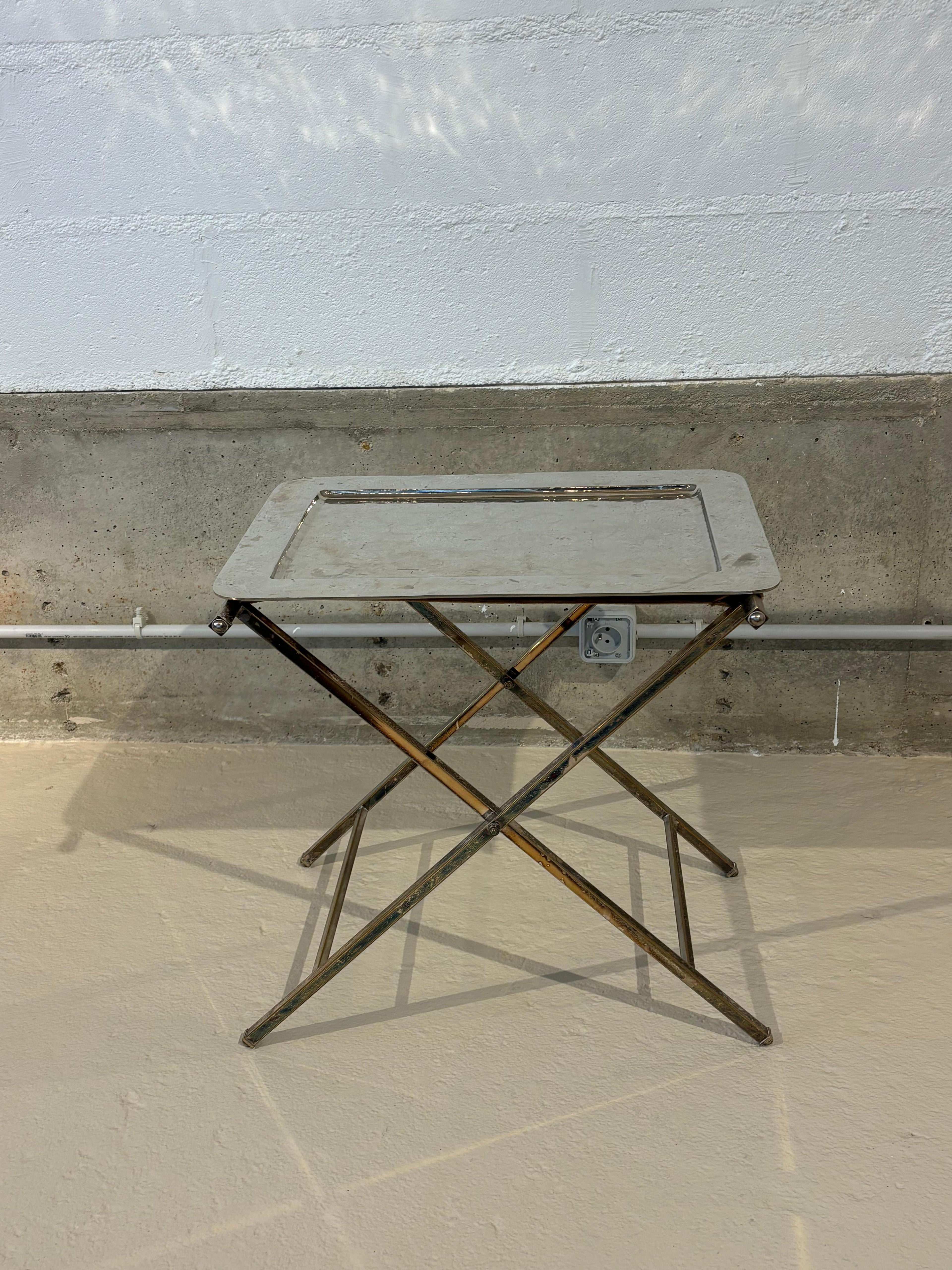 Christian Dior Folding Side Table, Hammered Steel, Silver Patina, 1970