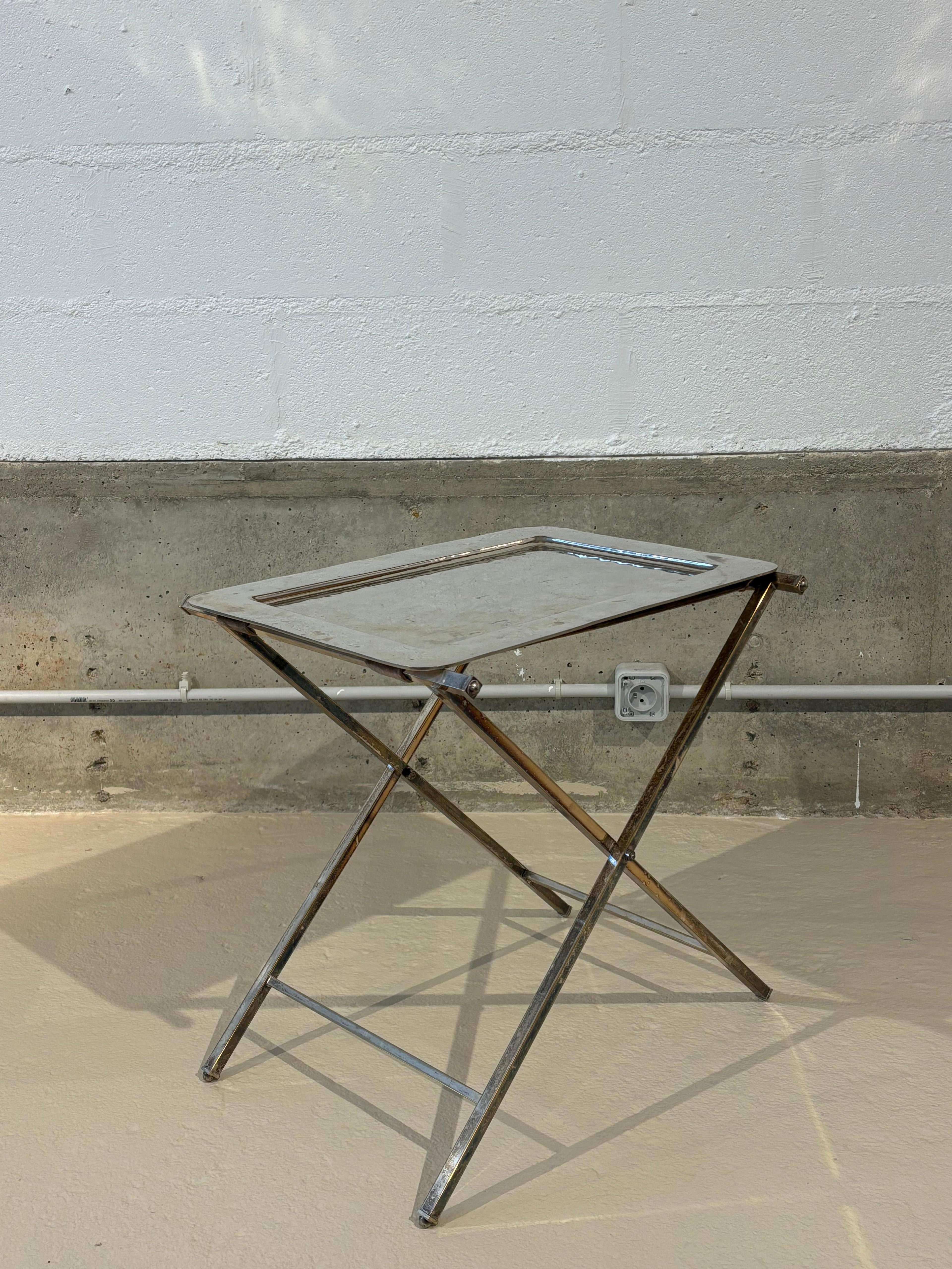 Christian Dior Folding Side Table, Hammered Steel, Silver Patina, 1970