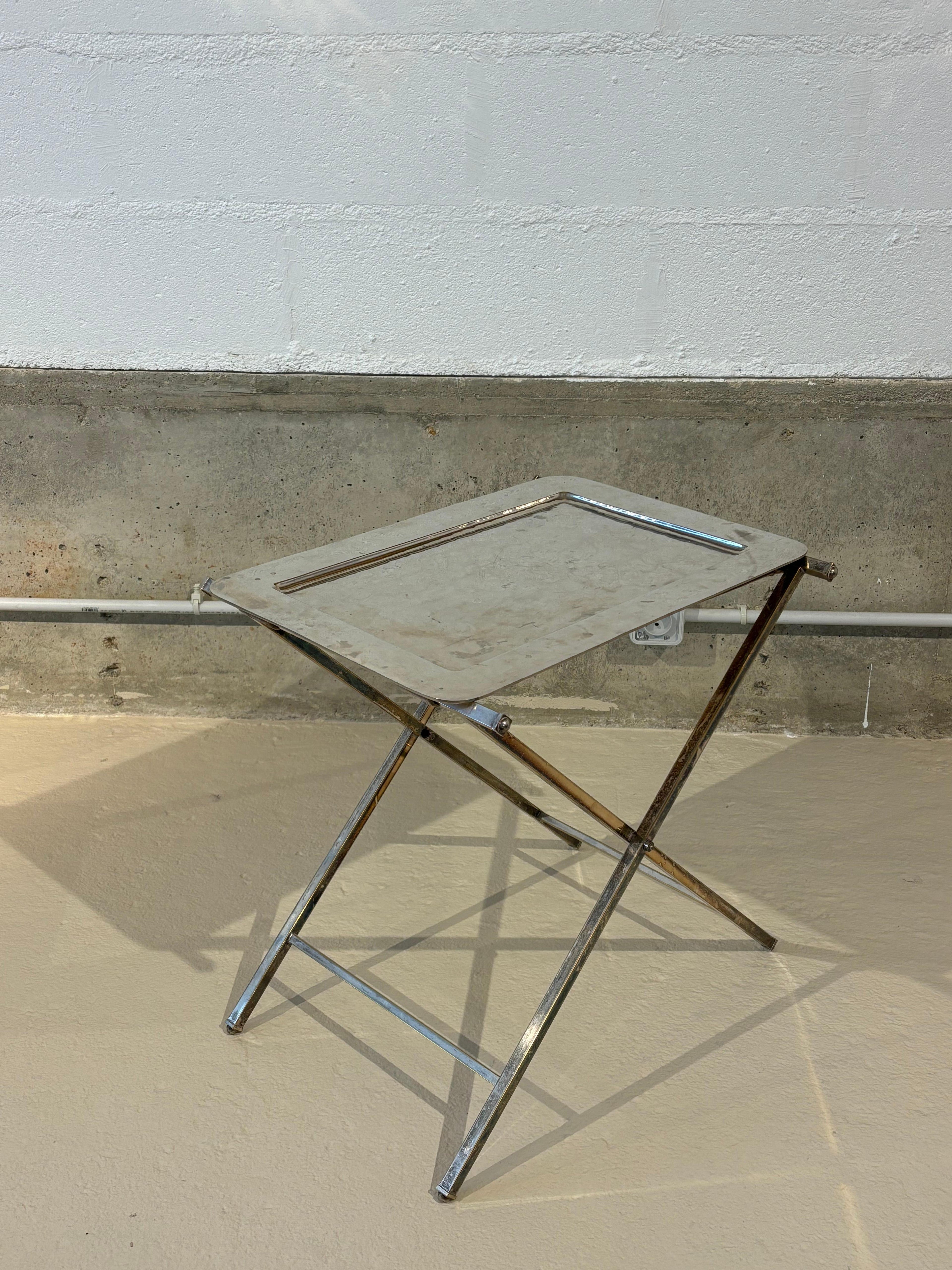 Christian Dior Folding Side Table, Hammered Steel, Silver Patina, 1970