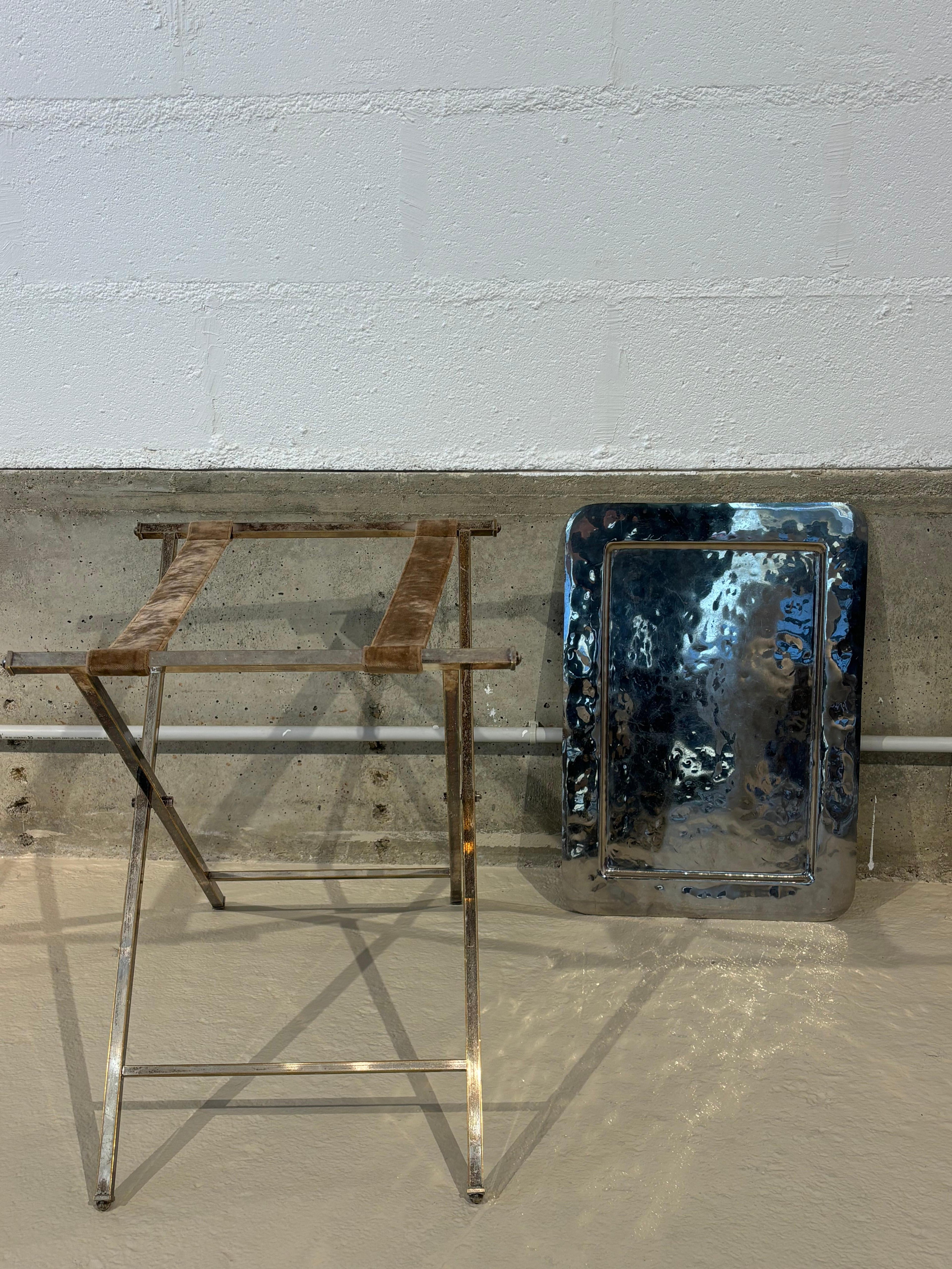 Christian Dior Folding Side Table, Hammered Steel, Silver Patina, 1970