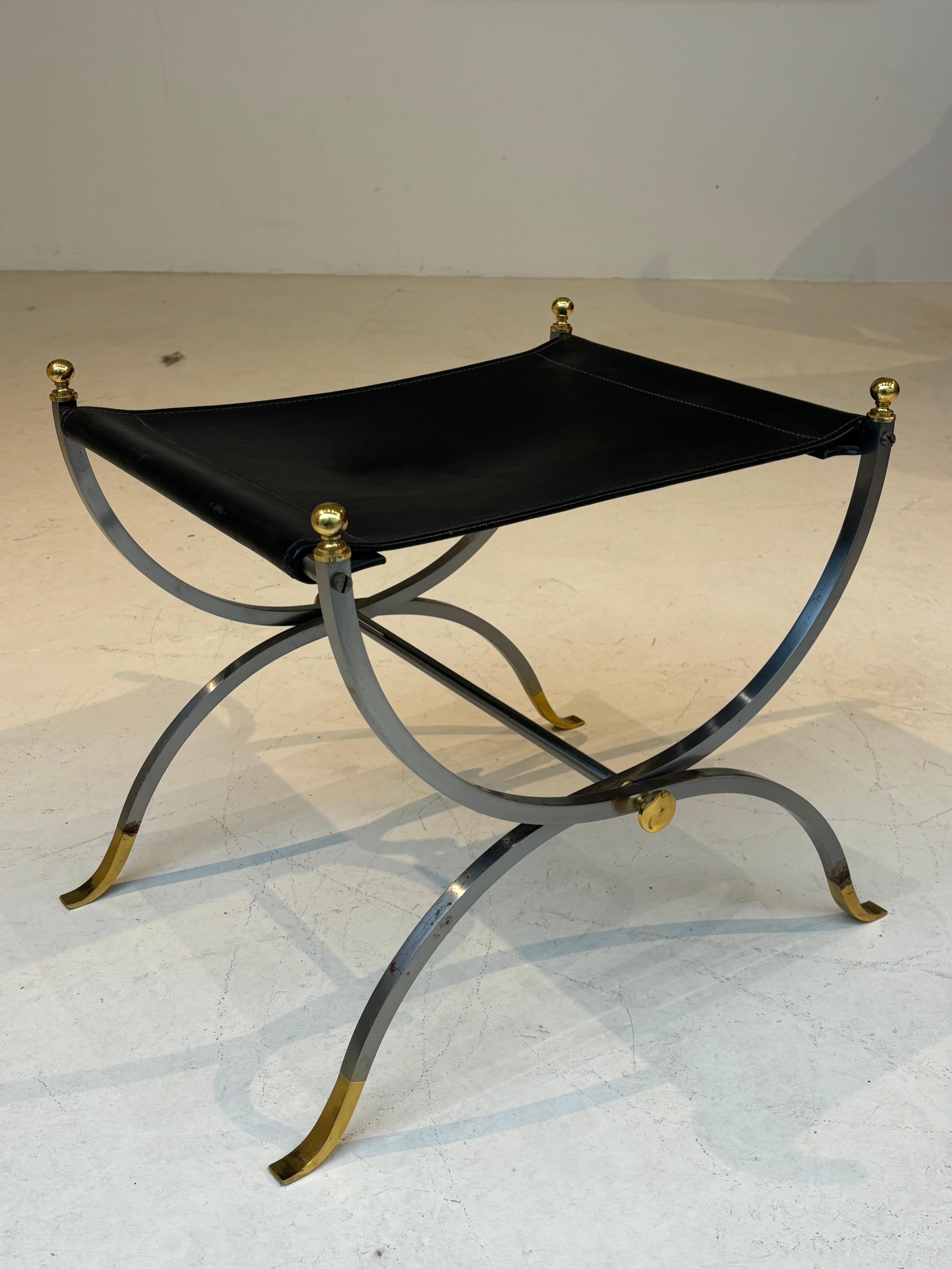 Stool by la maison Charles in stainless steel, brass and leather