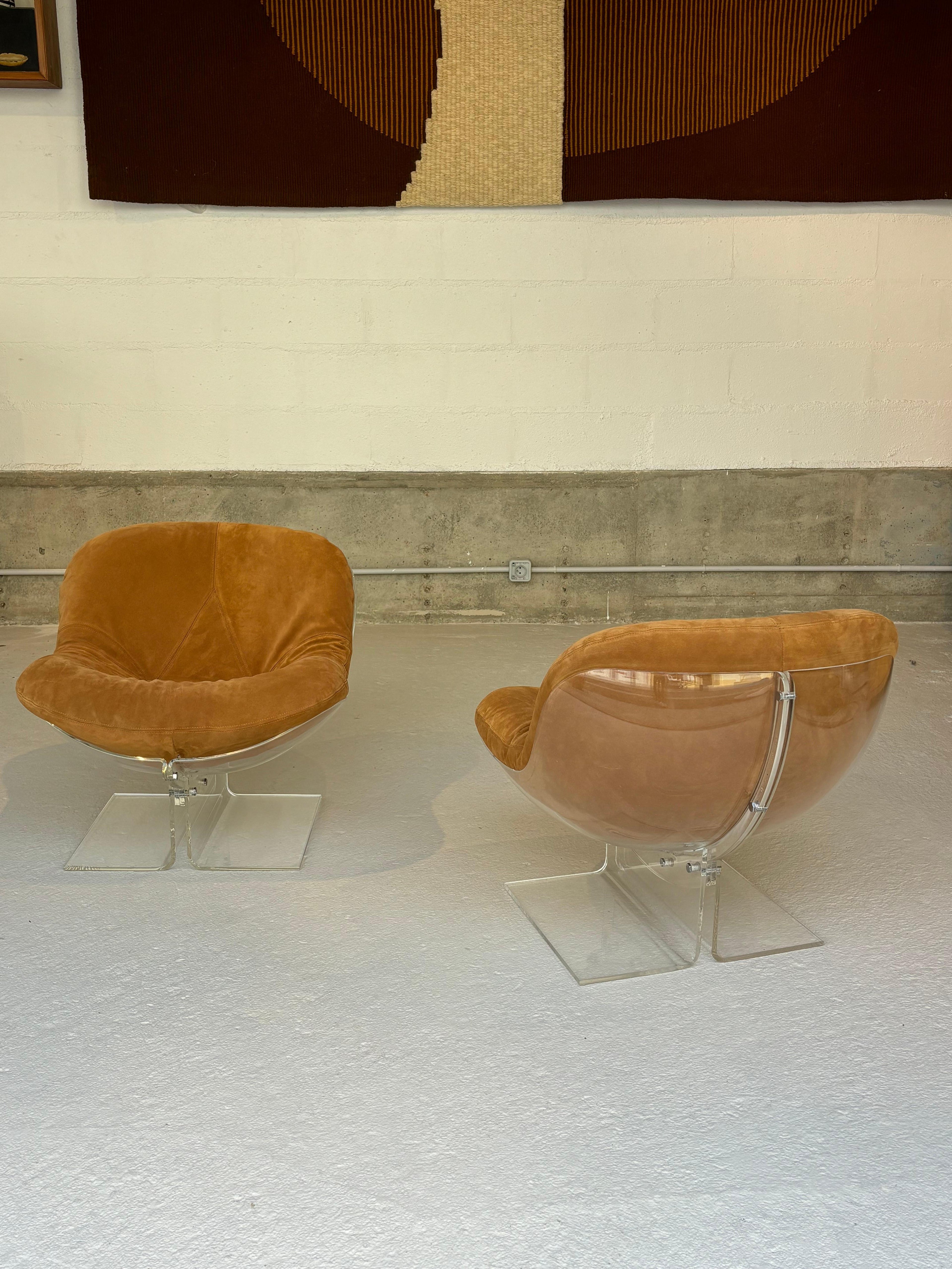 Scarce pair of easy chairs by Boris Tabacoff in lucite and suede