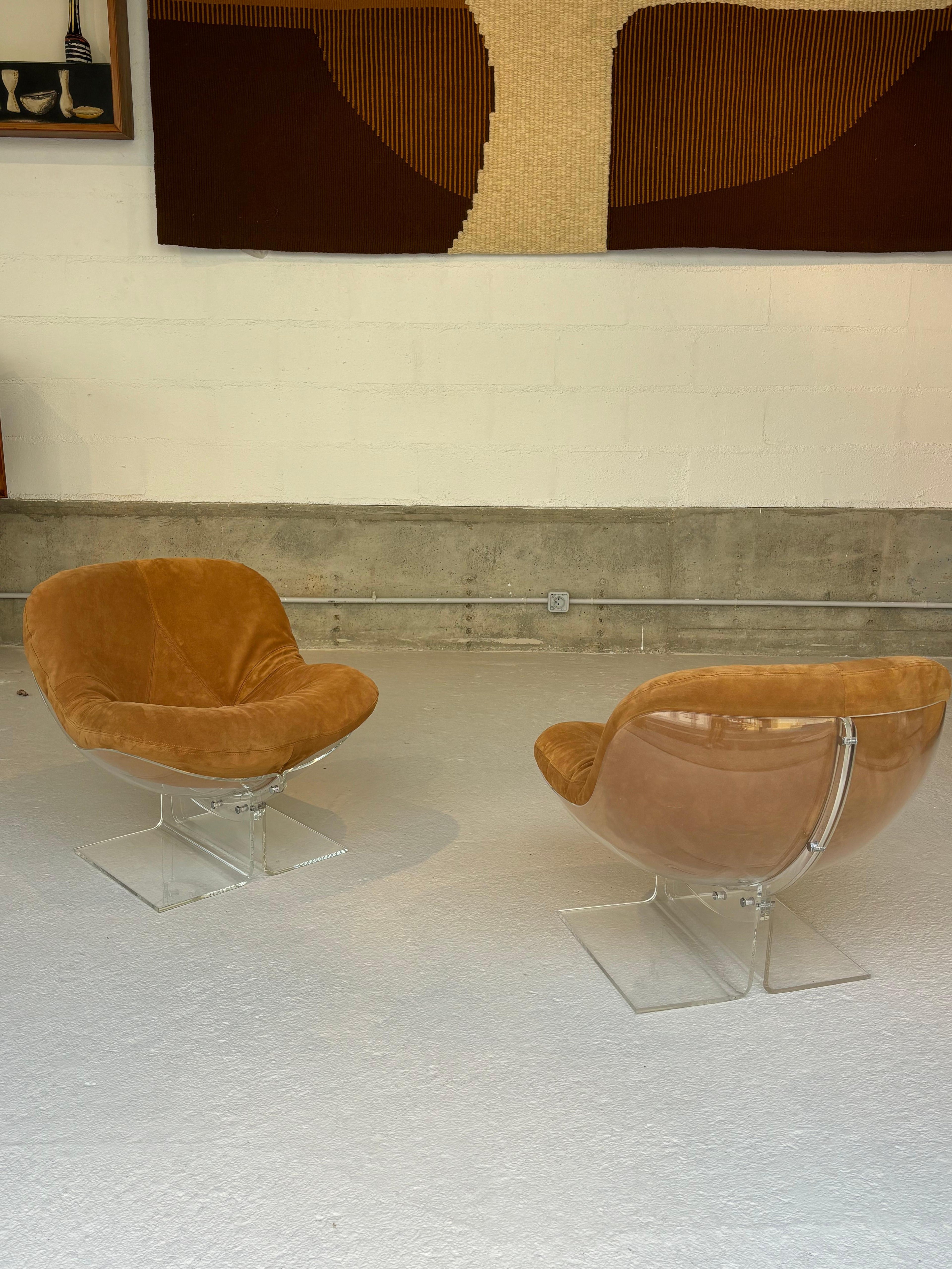 Scarce pair of easy chairs by Boris Tabacoff in lucite and suede