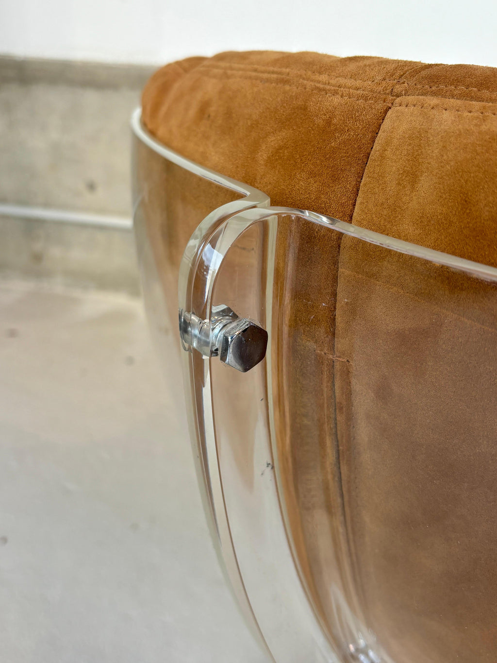 Scarce pair of easy chairs by Boris Tabacoff in lucite and suede