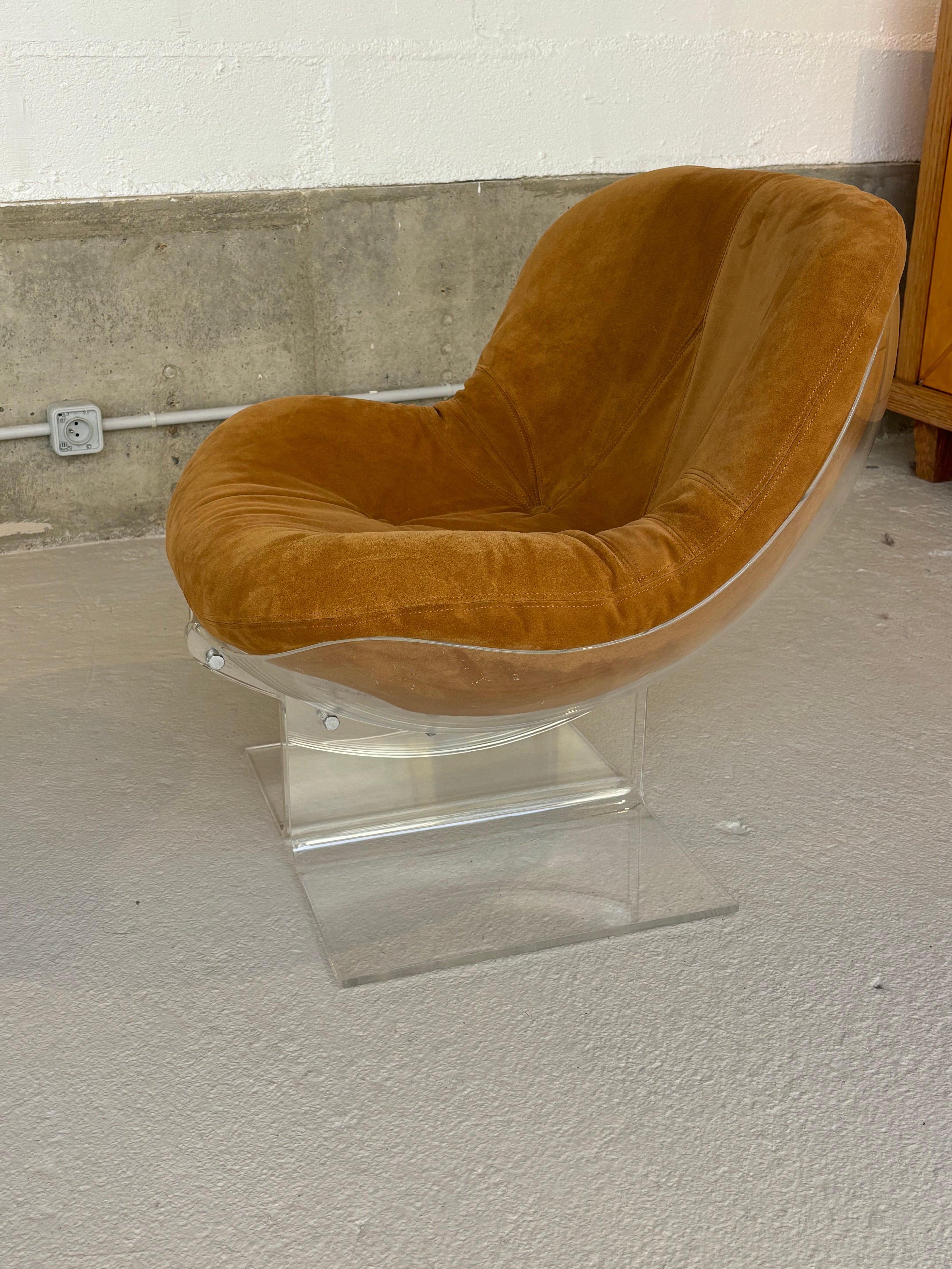 Scarce pair of easy chairs by Boris Tabacoff in lucite and suede