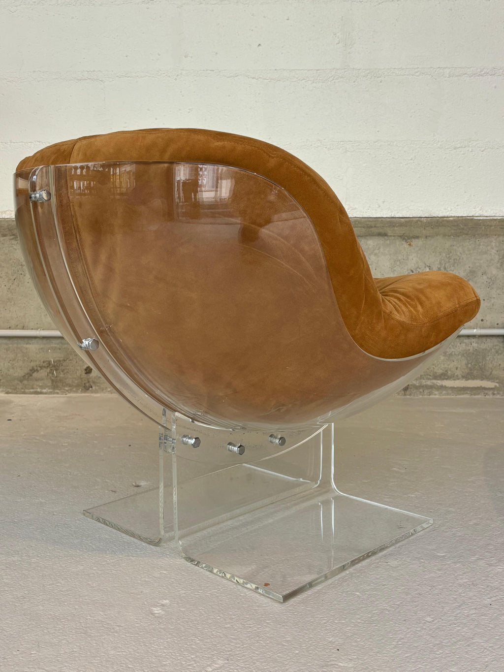 Scarce pair of easy chairs by Boris Tabacoff in lucite and suede