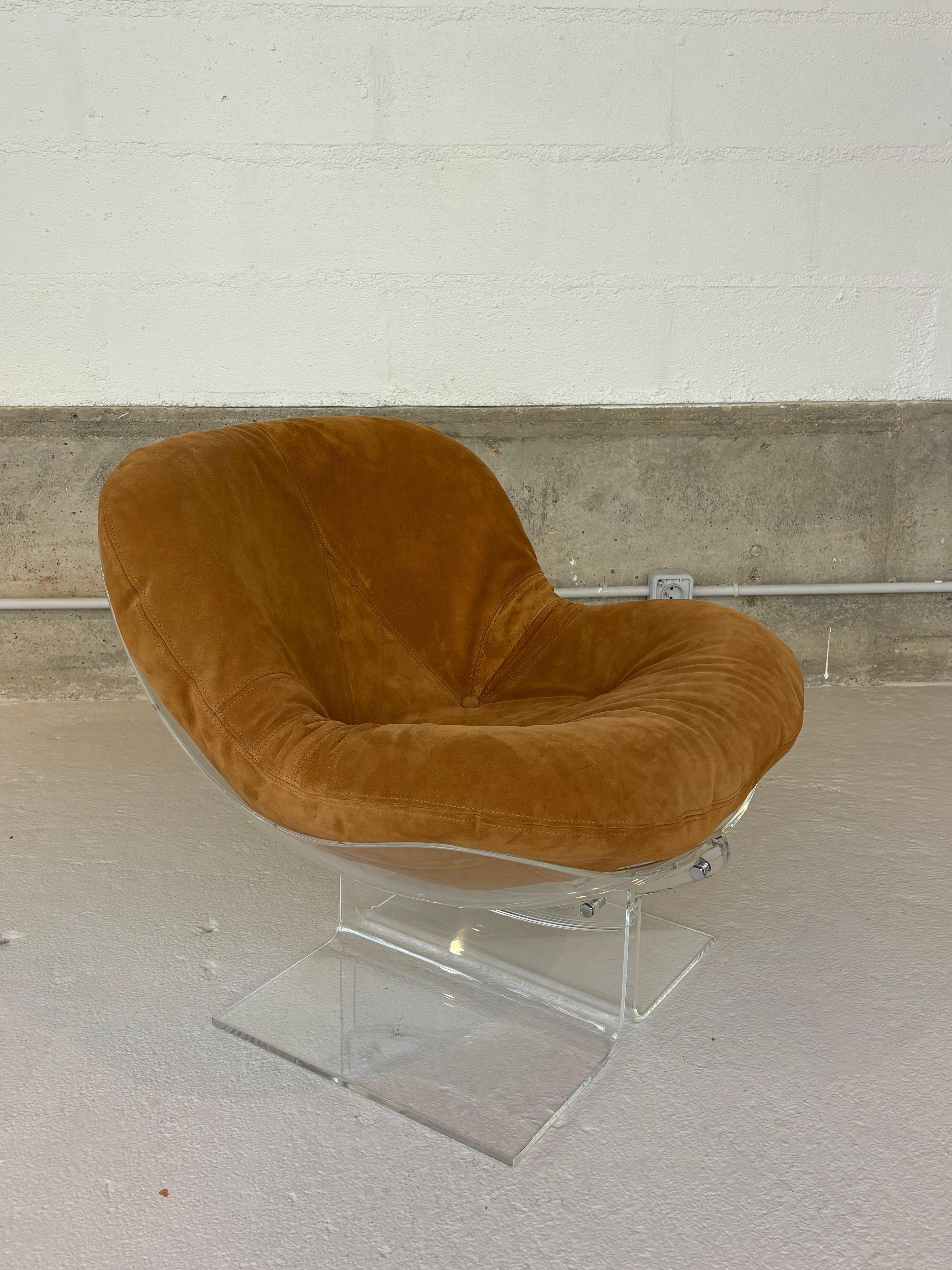 Scarce pair of easy chairs by Boris Tabacoff in lucite and suede