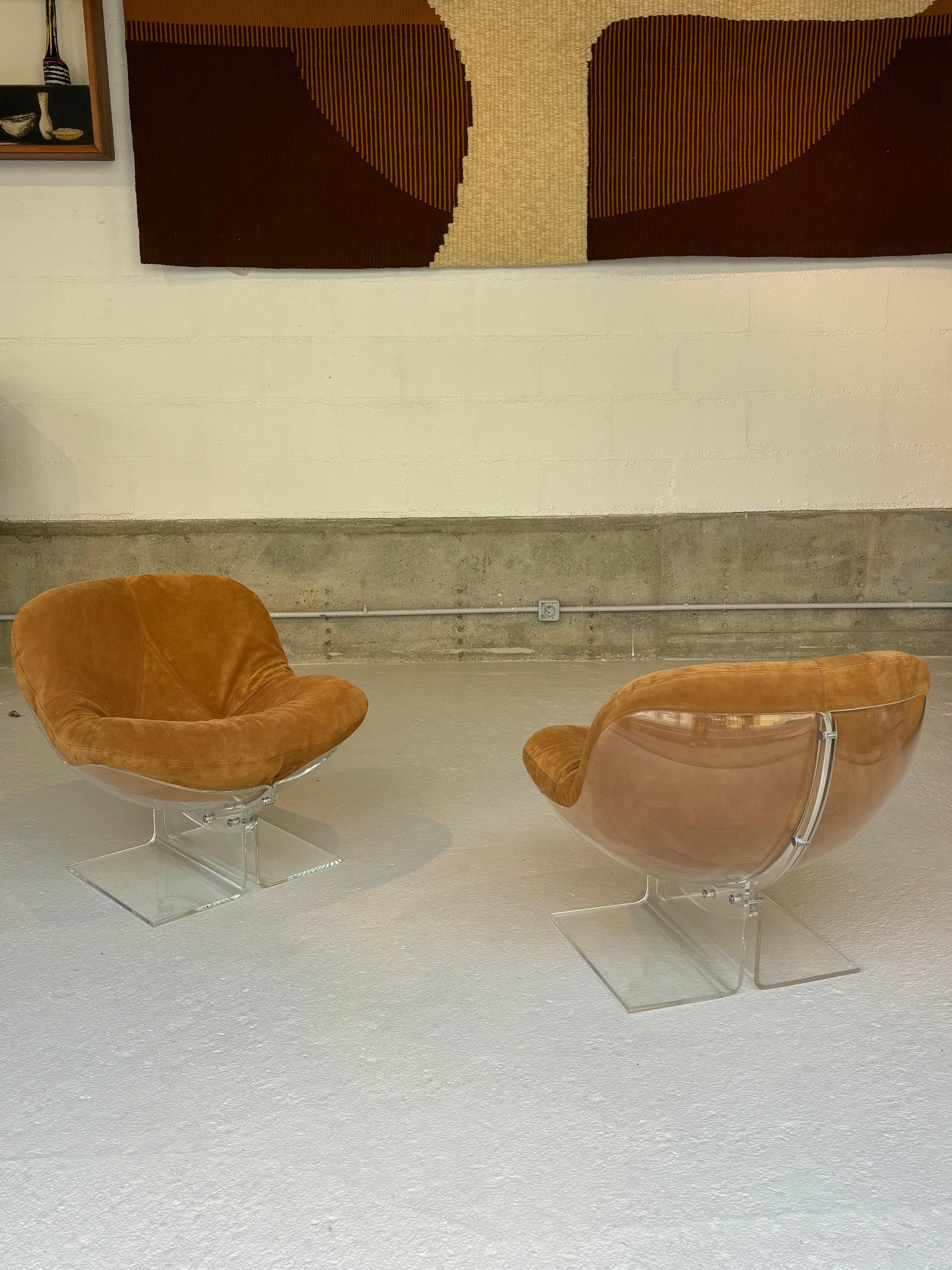 Scarce pair of easy chairs by Boris Tabacoff in lucite and suede
