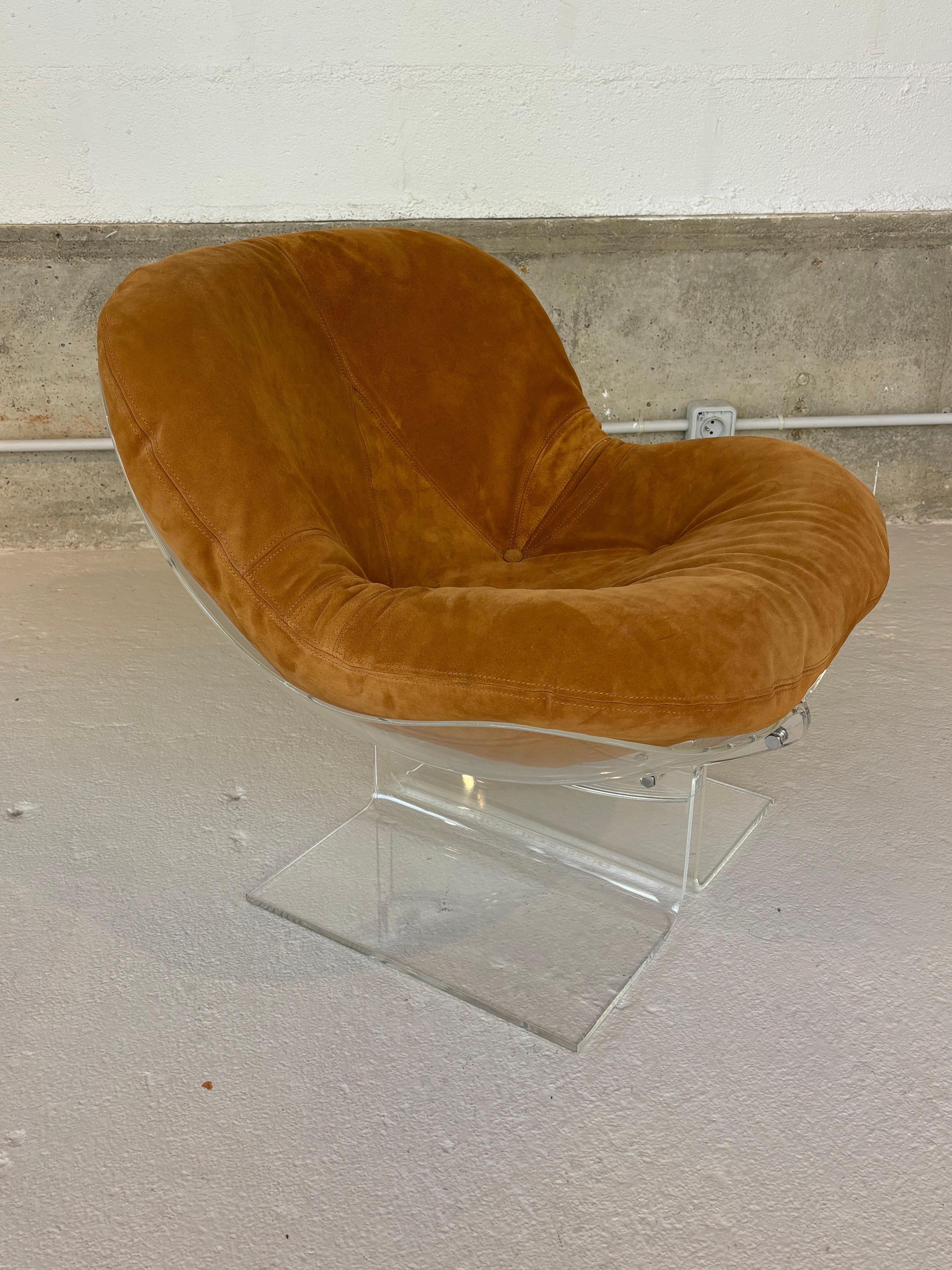 Scarce pair of easy chairs by Boris Tabacoff in lucite and suede